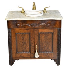 Used Victorian Walnut Cabinet w/ White Marble Top Adapted with Sink & Faucet