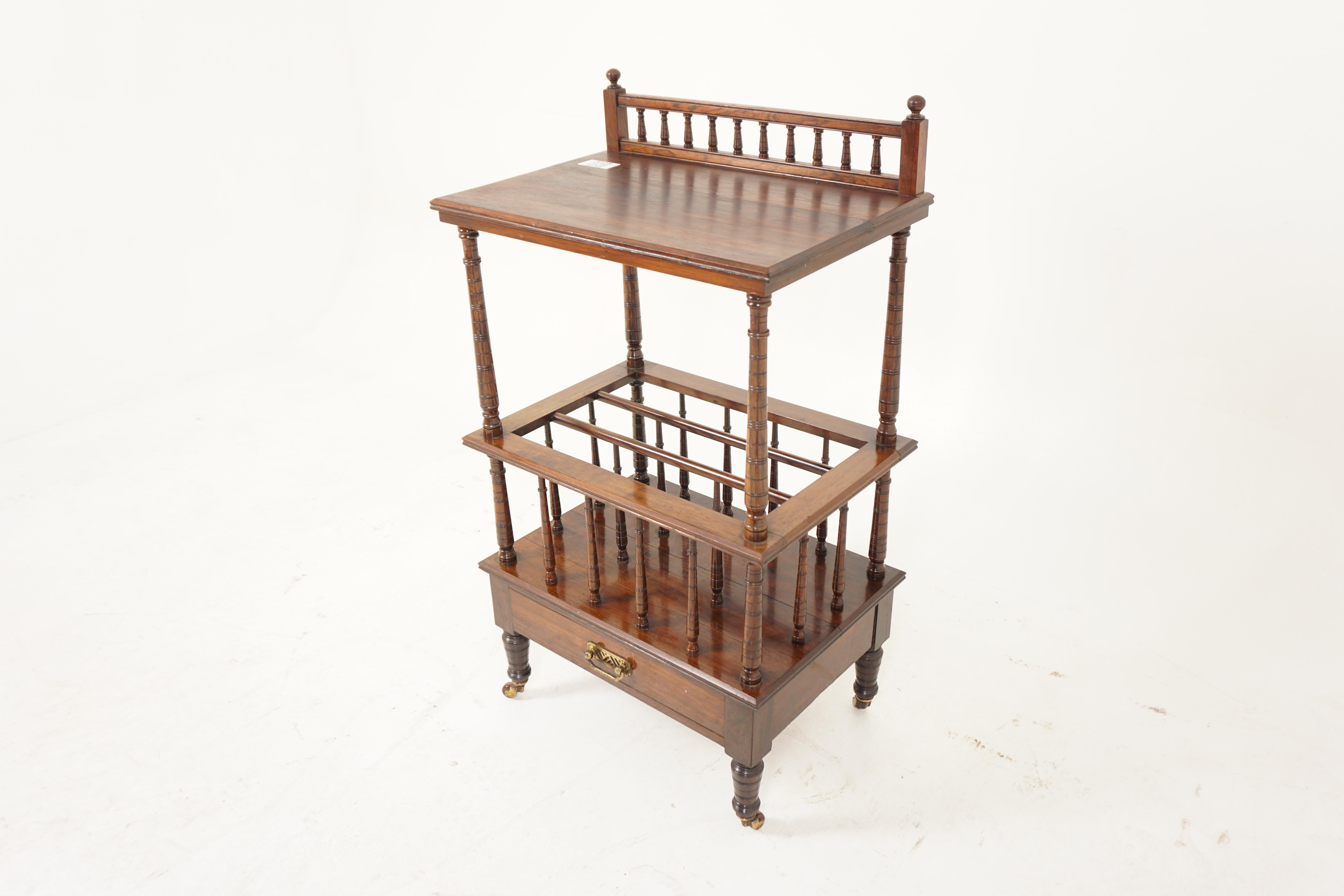 Antique Victorian Walnut Canterbury, What Not Paper Rack, Scotland 1870, H971

Scotland 1870
Solid and Veneer
Original Finish
Open Gallery on rectangular moulded top
Above three divisions divided and enclosed by spindles
There are turned