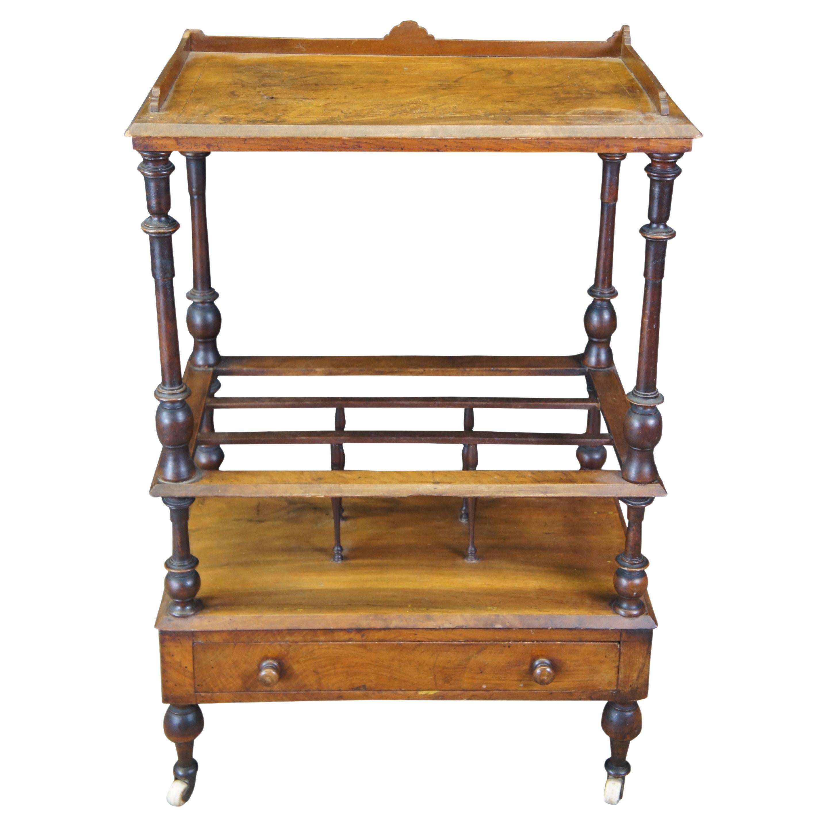Antique Victorian Walnut Canterbury Whatnot Bar Cart Magazine Rack Stand 35" For Sale