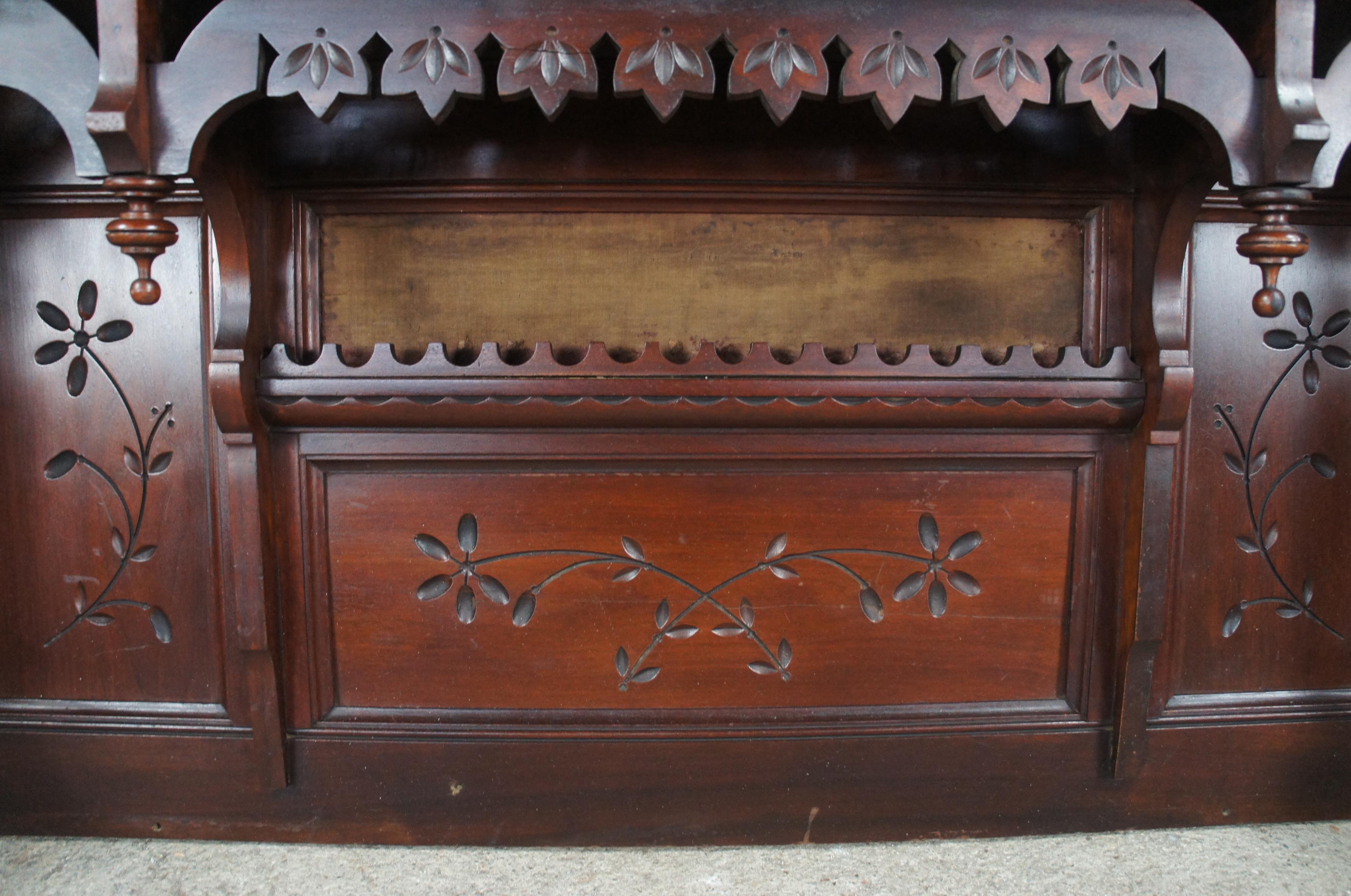 19th Century Antique Victorian Walnut Carved Organ Buffet Sideboard Backsplash Pediment 45