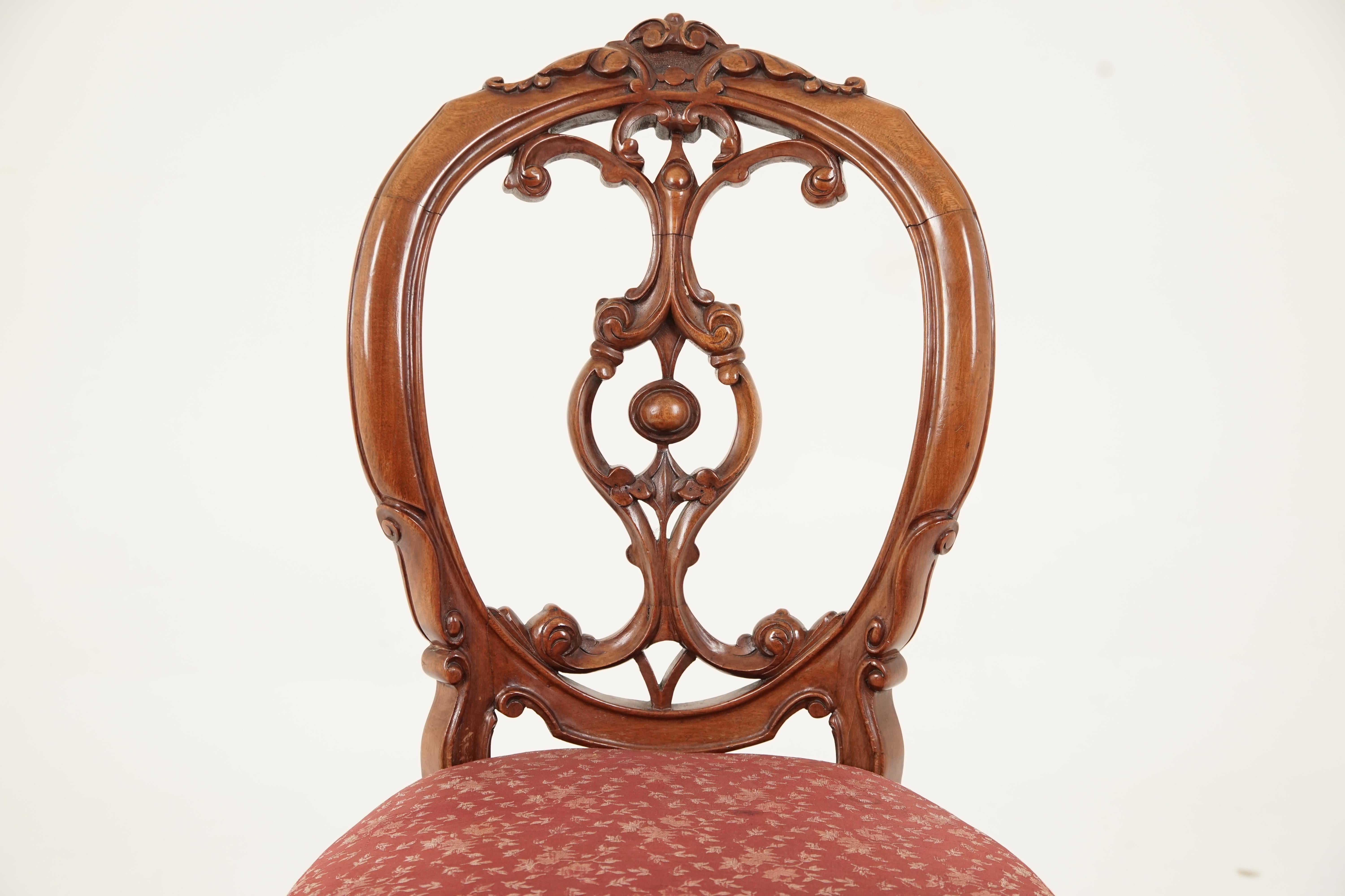 Antique Victorian Walnut Carved Side Chair, Parlor Chair, Scotland 1870, B2744

Scotland 1870
Solid Walnut 
Original Finish 
Attractive single walnut chair
Carved top rail
Shaped back and decoration to the center
Upholstered seat
Standing on carved