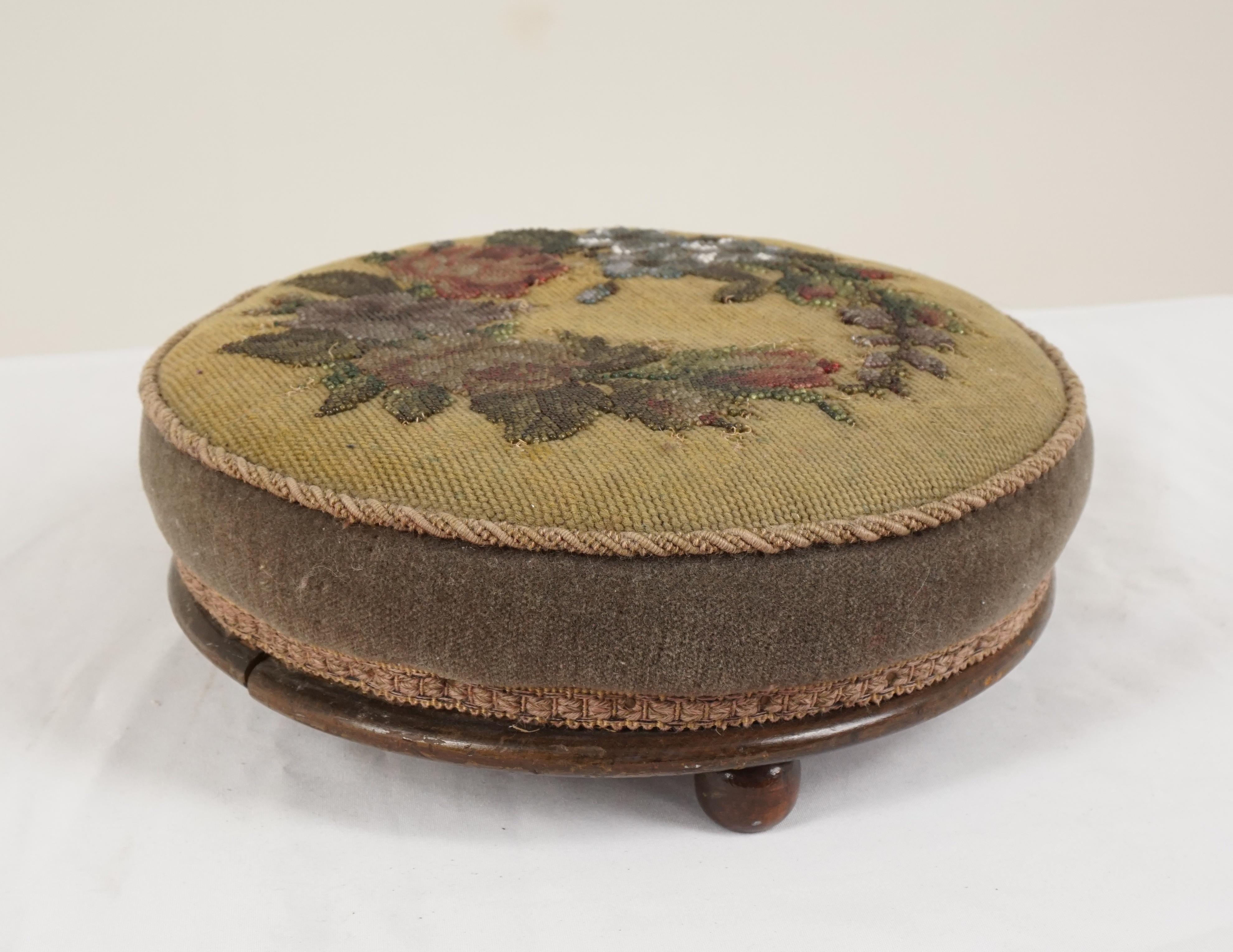 Antique Victorian walnut circular foot stool Scotland 1880, B106y

Scotland 1880
The cushioned top having beadwork floral design
Some loss of the beadwork
All standing on three wooden feet



Measures: 12
