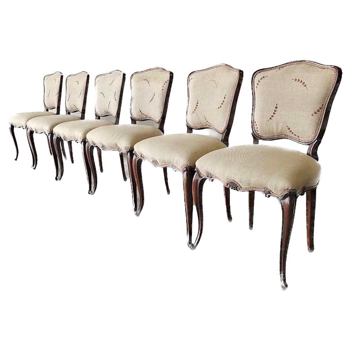 Antique Victorian Walnut Dining Chairs. Set of 6. Hand Carved Walnut in Louis XV For Sale