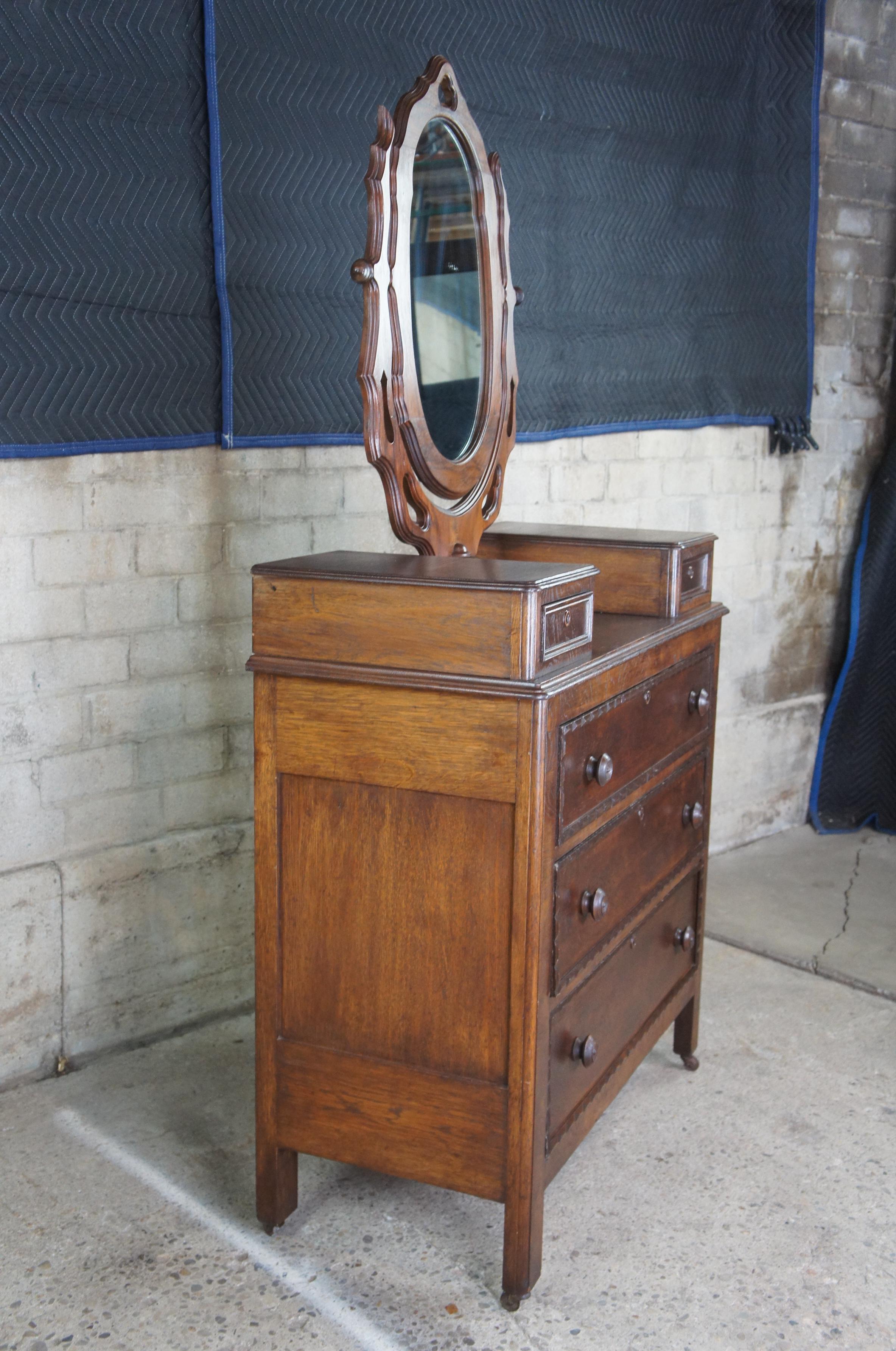 Antique Victorian Walnut Dresser & Wishbone Swivel Mirror Glovebox Chest 4
