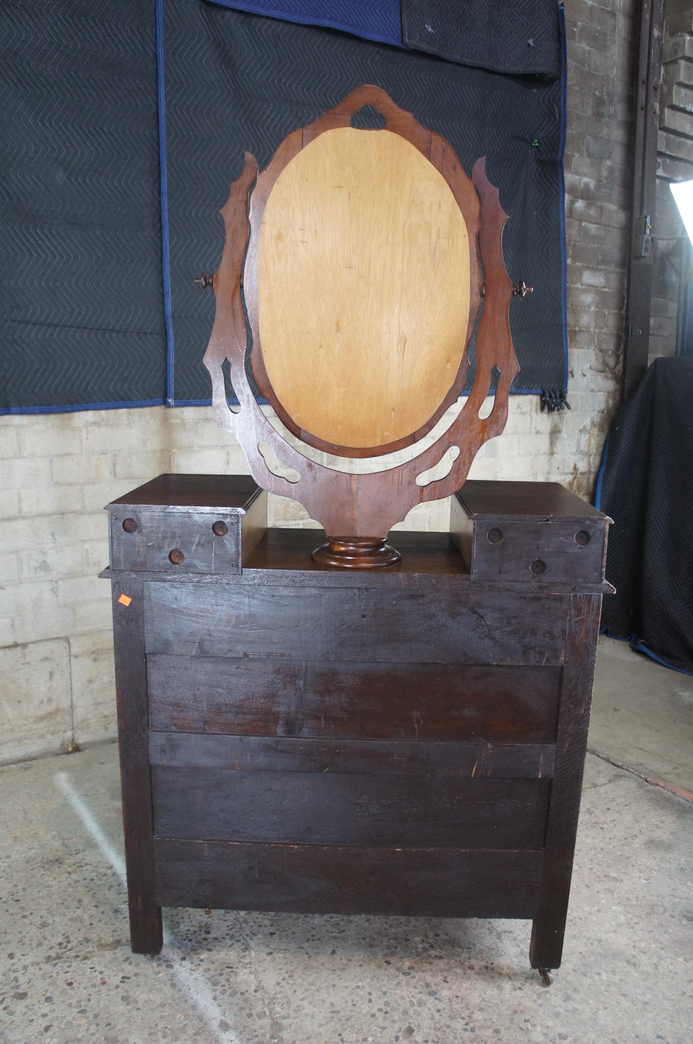 Antique Victorian Walnut Dresser & Wishbone Swivel Mirror Glovebox Chest 5