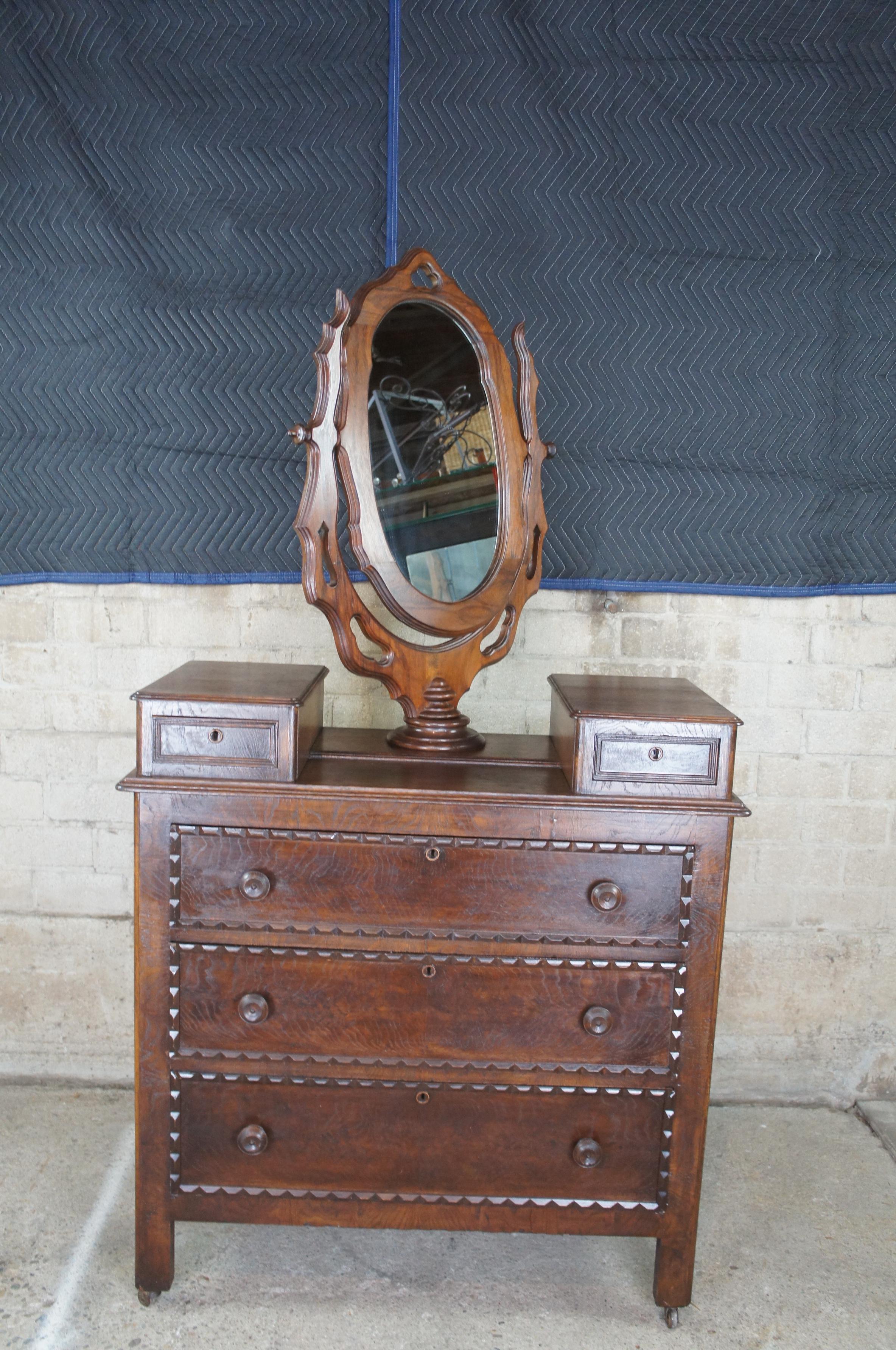 Antique Victorian Walnut Dresser & Wishbone Swivel Mirror Glovebox Chest 1