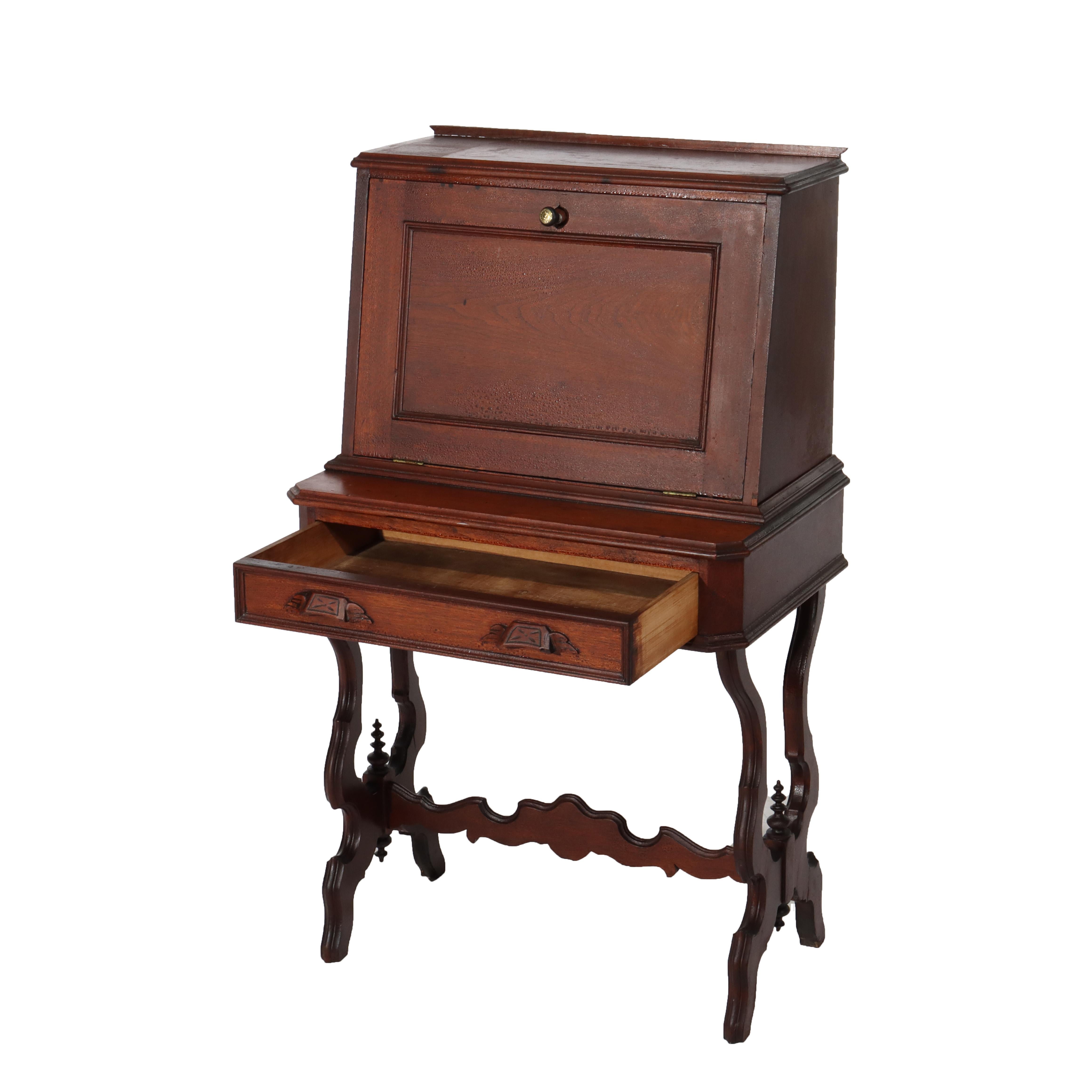 Antiguo escritorio victoriano de nogal con frente abatible C1880 Nogal en venta