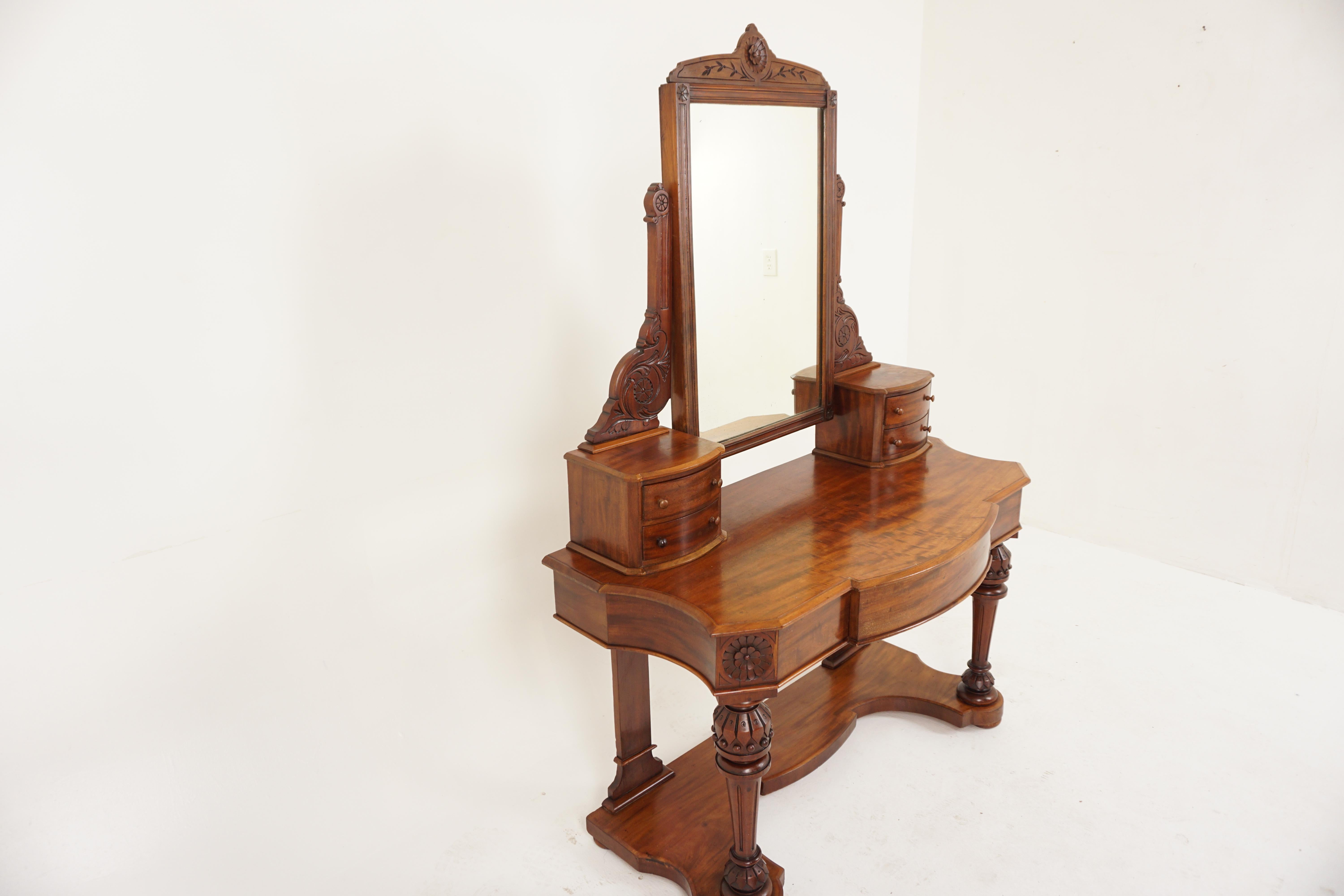 Antique Victorian walnut Duhess dressing table vanity, Scotland 1870, H701.

Scotland 1870
Solid Walnut + Veneer
Original Finish
With original Carved Framed Mirror
Four dovetailed bow front drawers
Serpentine top with single bow front
