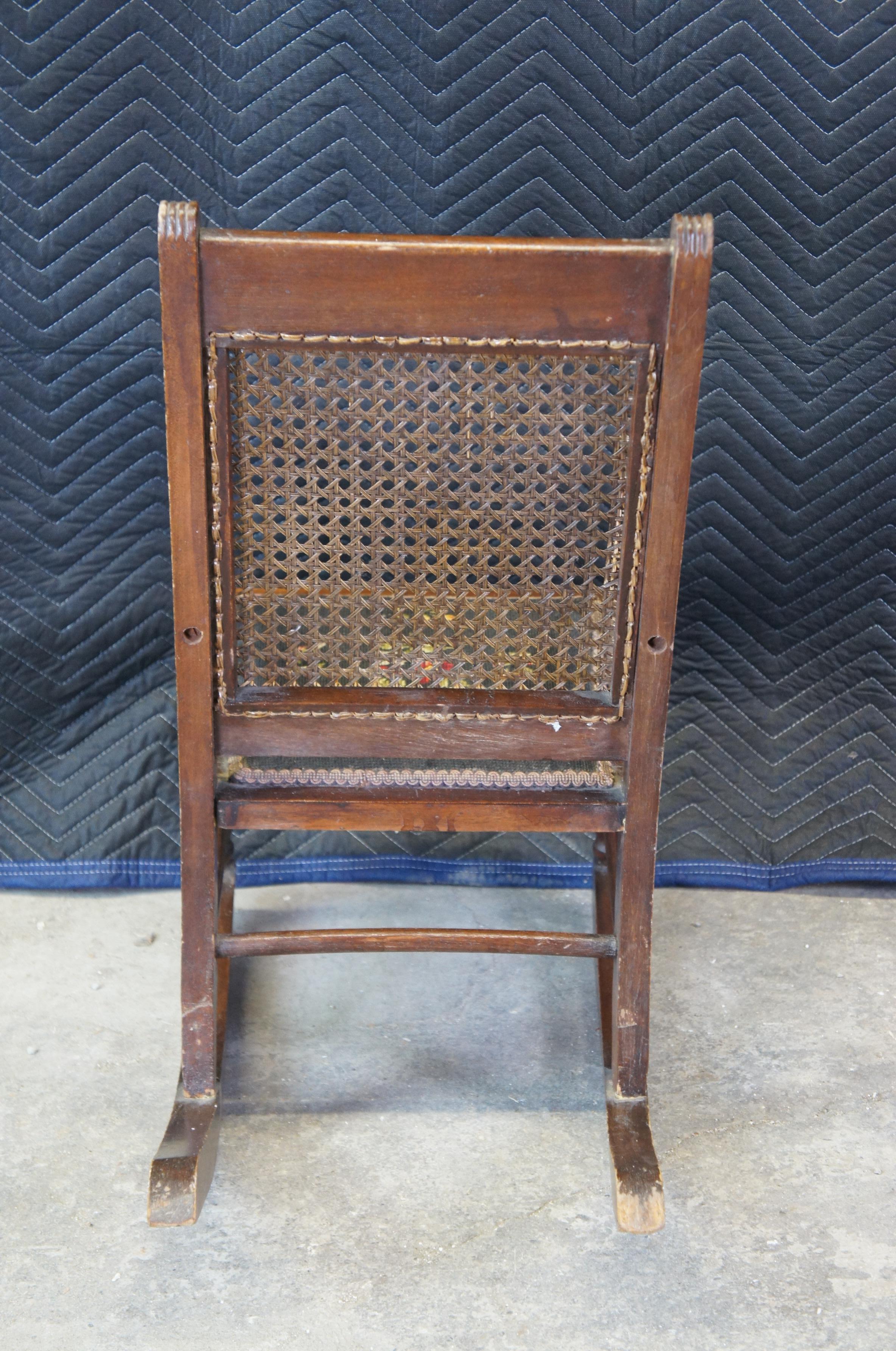 19th Century Antique Victorian Walnut Eastlake Childs Caned Needlepoint Rocking Arm Chair