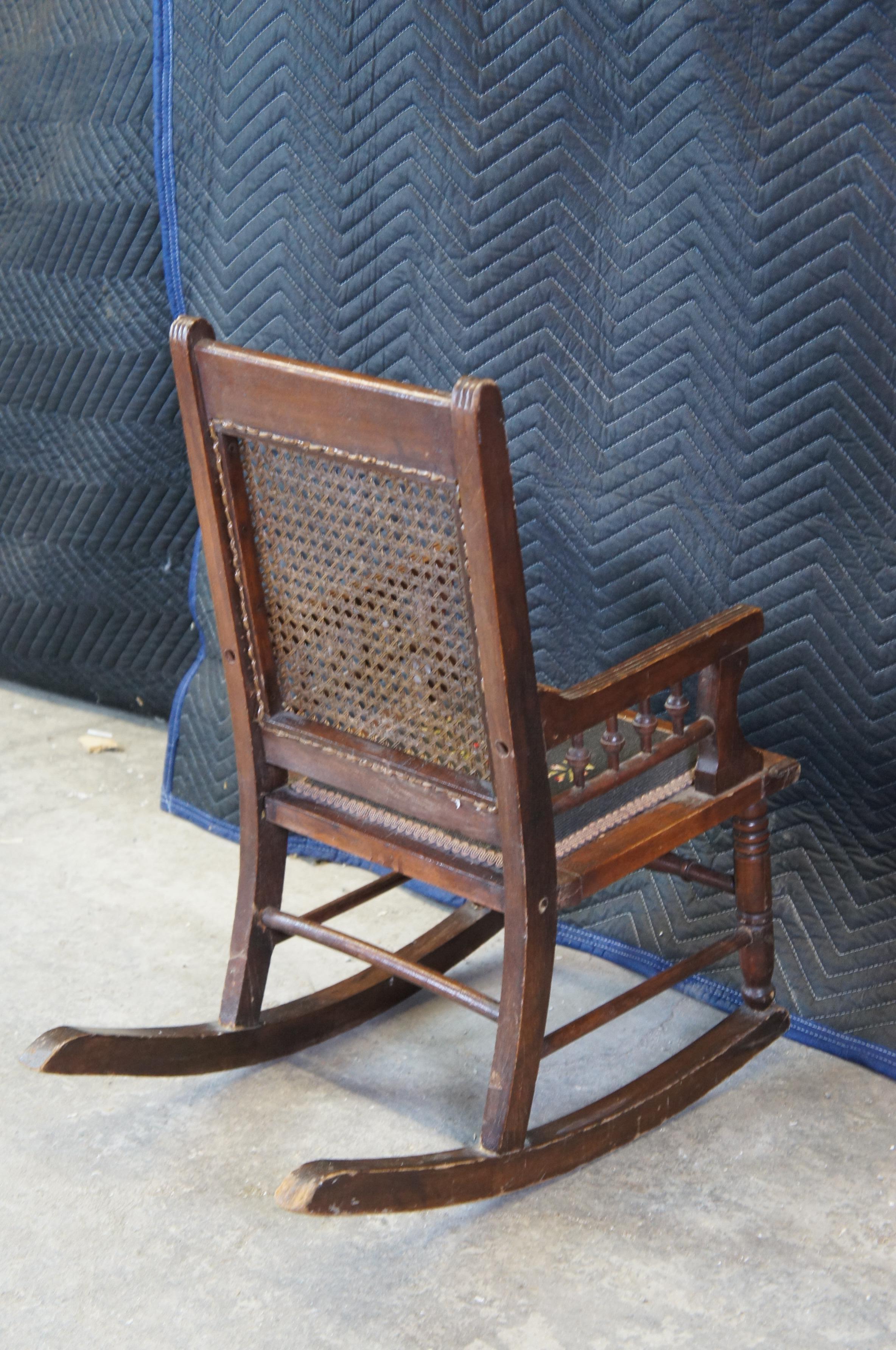 Fabric Antique Victorian Walnut Eastlake Childs Caned Needlepoint Rocking Arm Chair