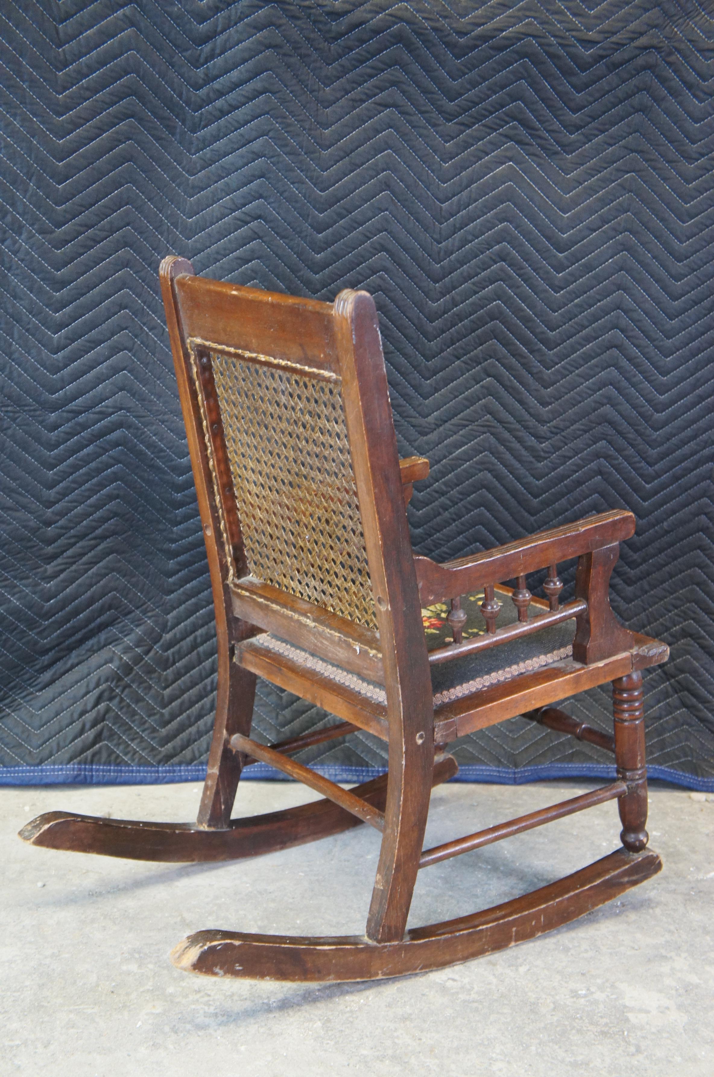 Antique Victorian Walnut Eastlake Childs Caned Needlepoint Rocking Arm Chair 1