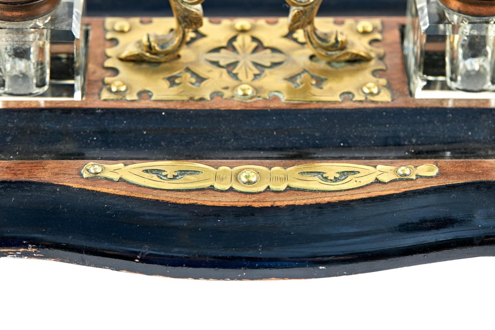 XIX secolo Antico calamaio vittoriano in noce e ottone ebanizzato in vendita
