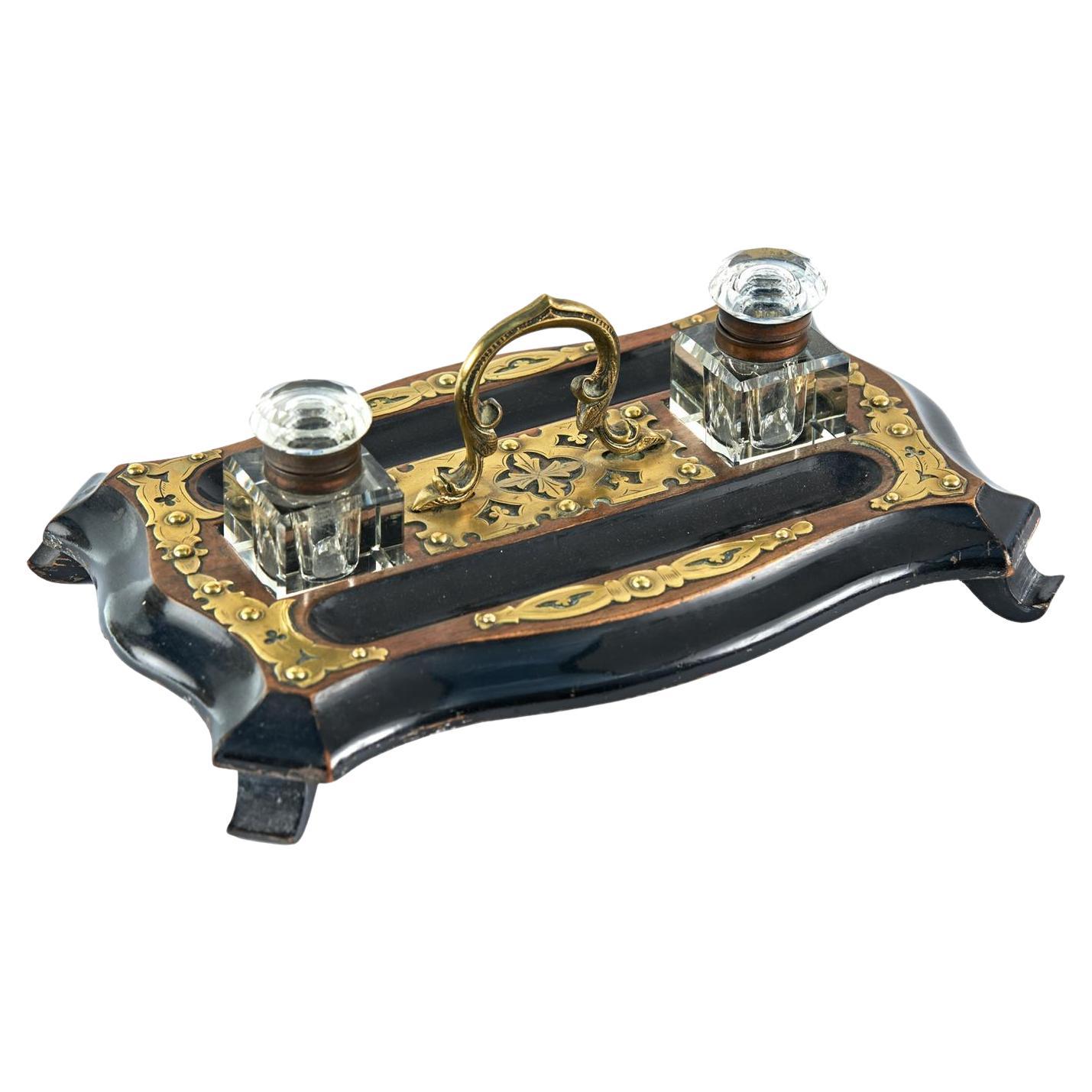 Antique Victorian Walnut & Ebonised Brass Mounted Inkstand