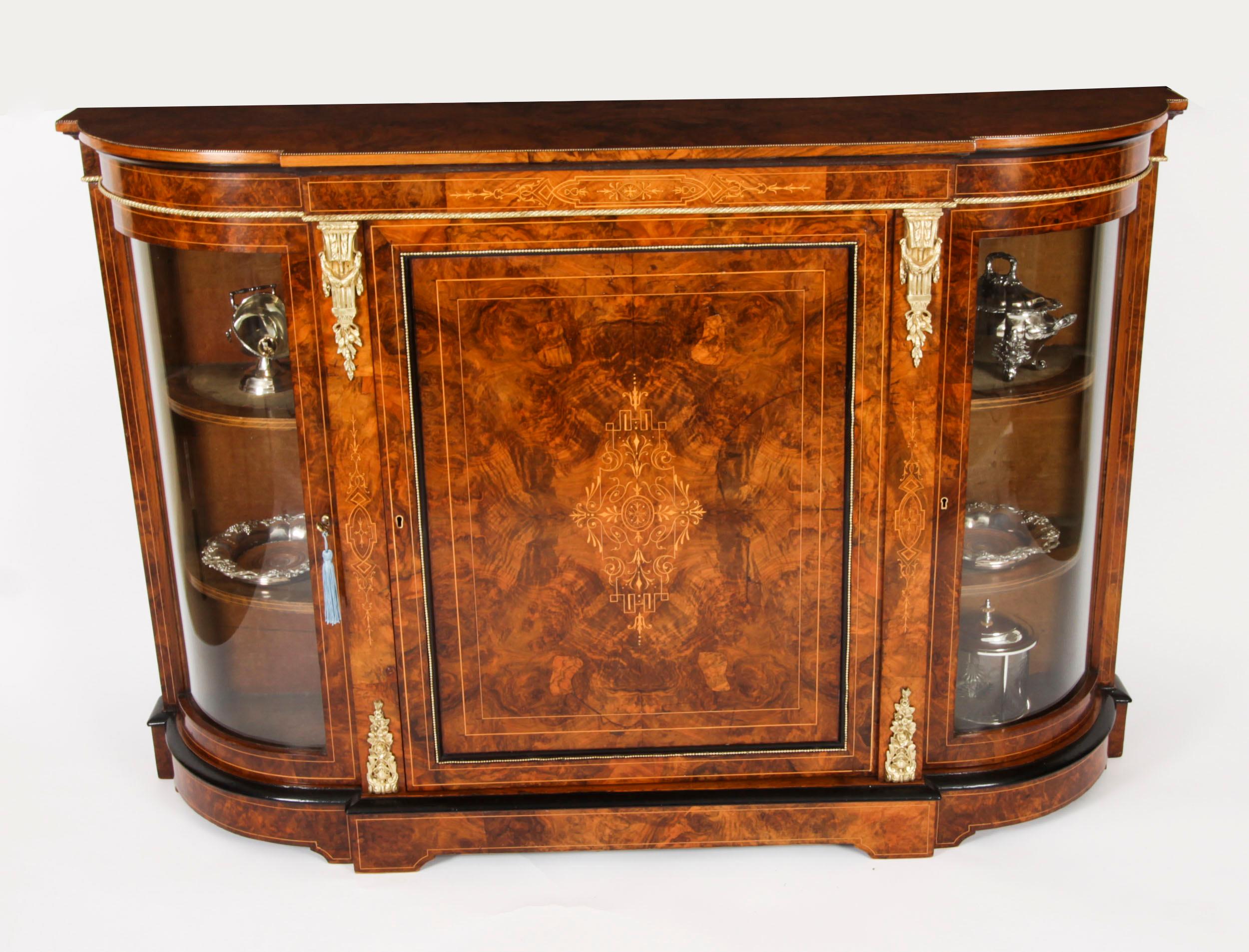 English Antique Victorian Walnut Ebonised & Marquetry Credenza 19th Century For Sale