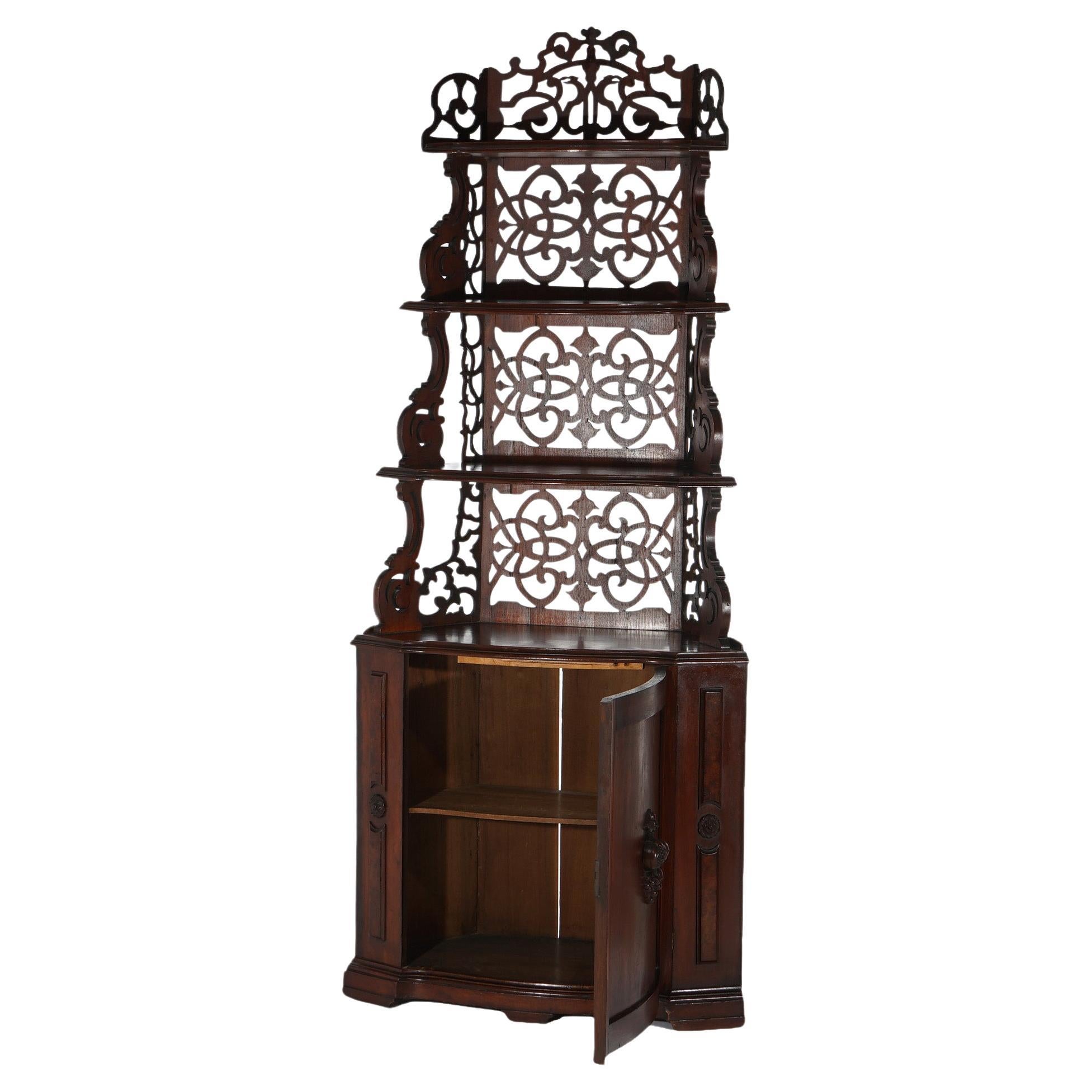 ***Ask About Reduced In-House Delivery Rates - Reliable Professional Service & Fully Insured***
Antique Victorian Walnut Etagere with Foliate Reticulated Back & Graduated Carved Shelving over Singe Door Lower Cabinet, c1870

Measures - 74.75