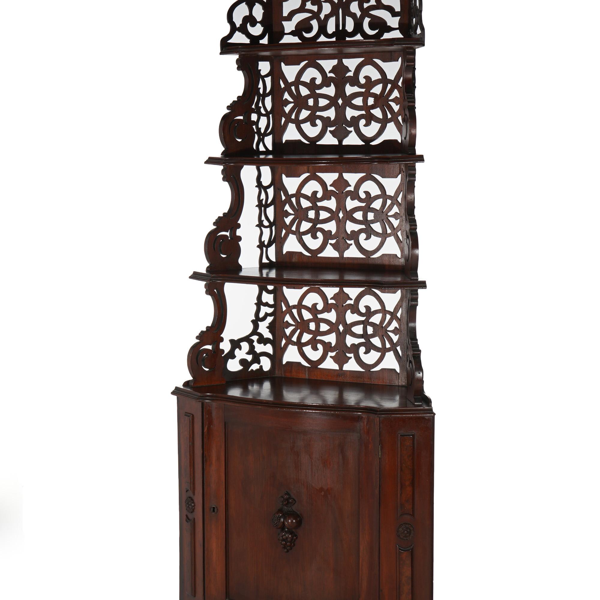 19th Century Antique Victorian Walnut Etagere with Reticulated & Graduated Carved Shelving For Sale