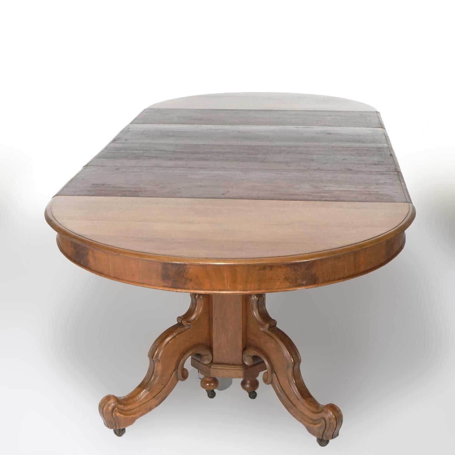 Antique Victorian Walnut Extension Split-Pedestal Dining Table with Leaves C1890 In Good Condition In Big Flats, NY