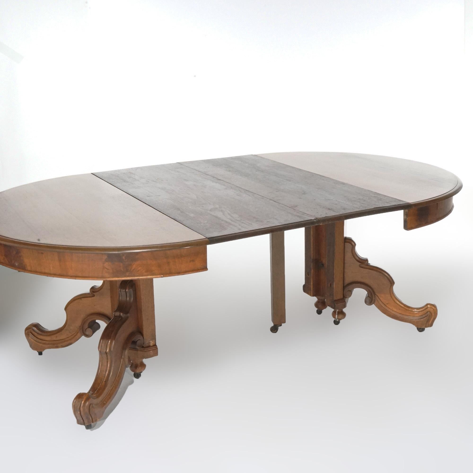 Antique Victorian Walnut Extension Split-Pedestal Dining Table with Leaves C1890 1