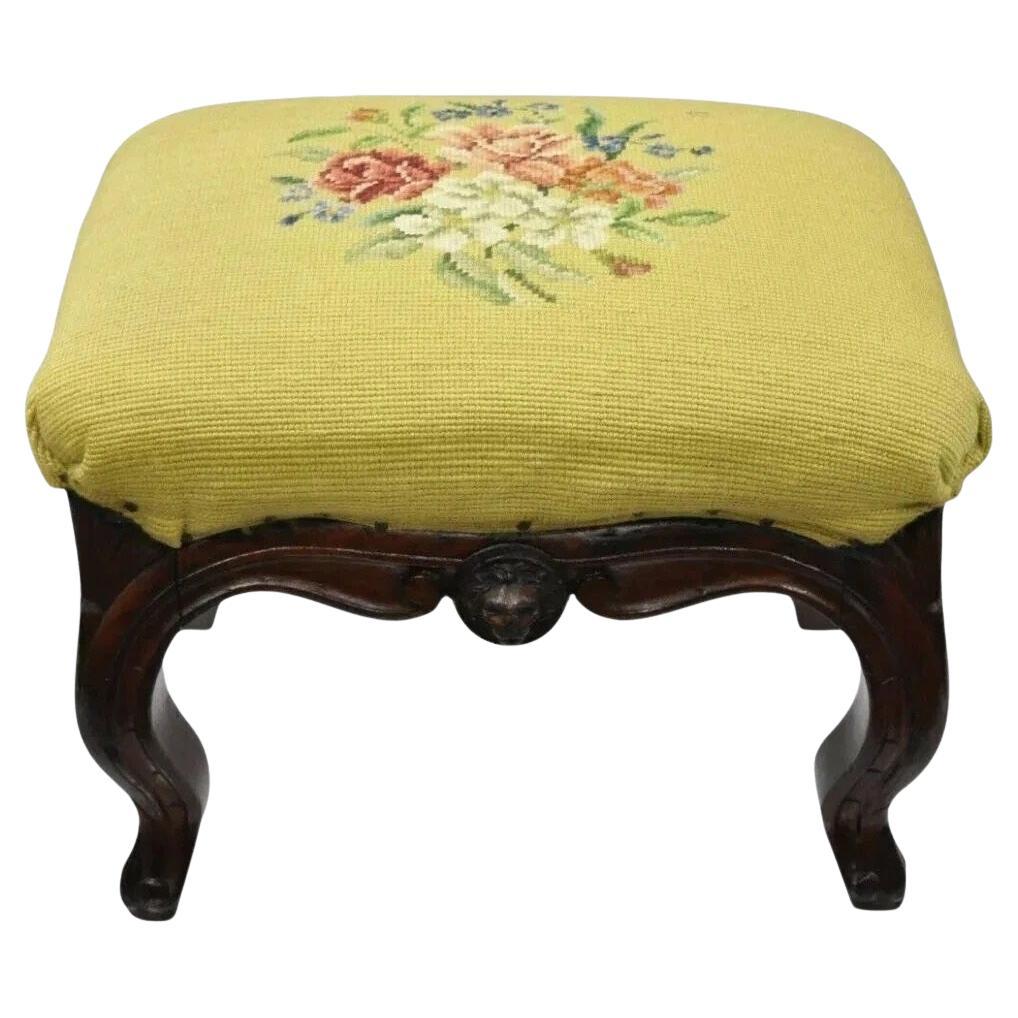 Antique Victorian Walnut Figural Lion Female Face Needlepoint Footstool Ottoman