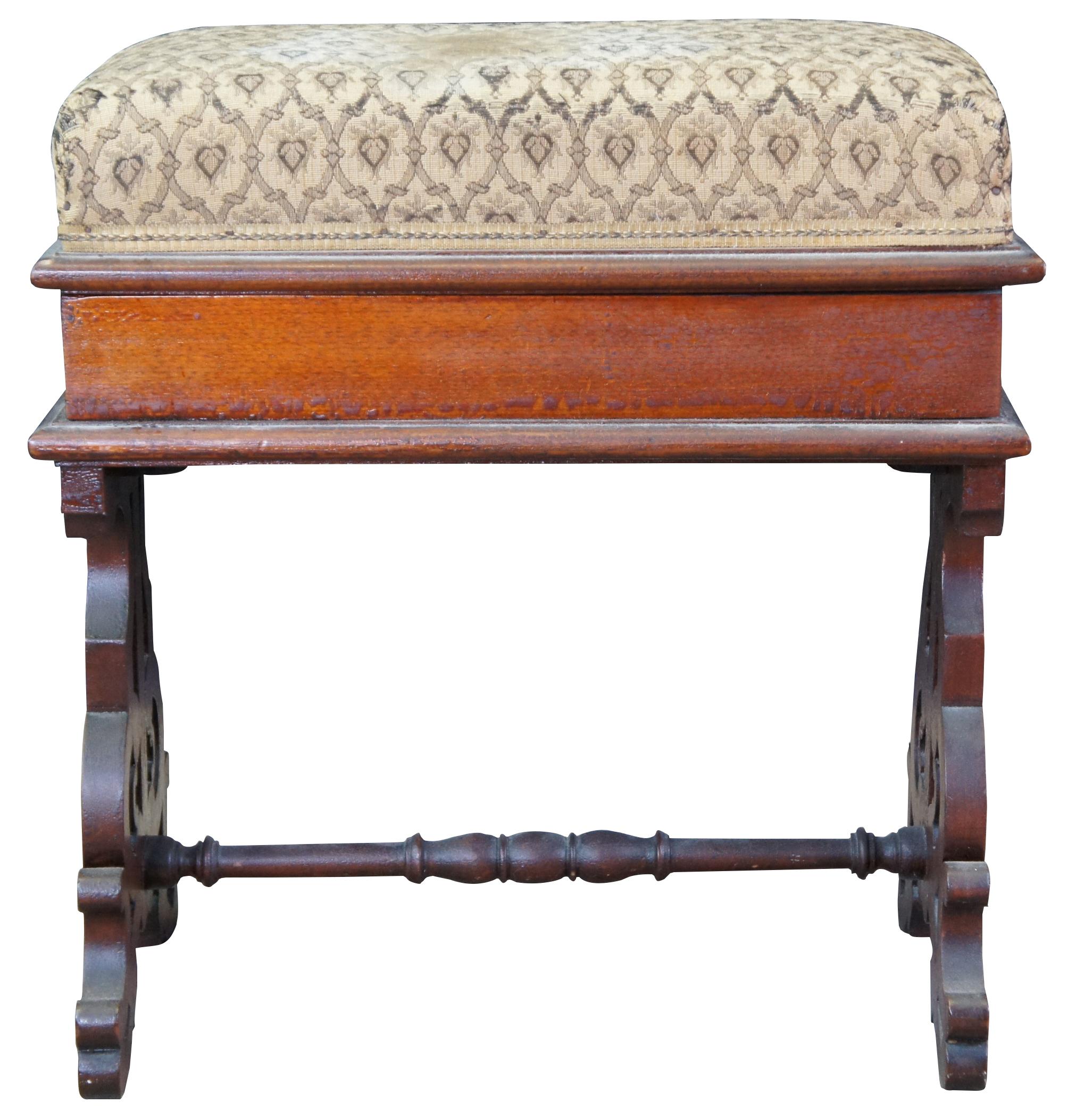 Antique Victorian piano stool or bench, circa last quarter 19th century. Made of walnut featuring rectangular form with cushioned flip top seat that opens to storage area. Supported by ornately pierced legs connected by a spool turned stretcher.
 