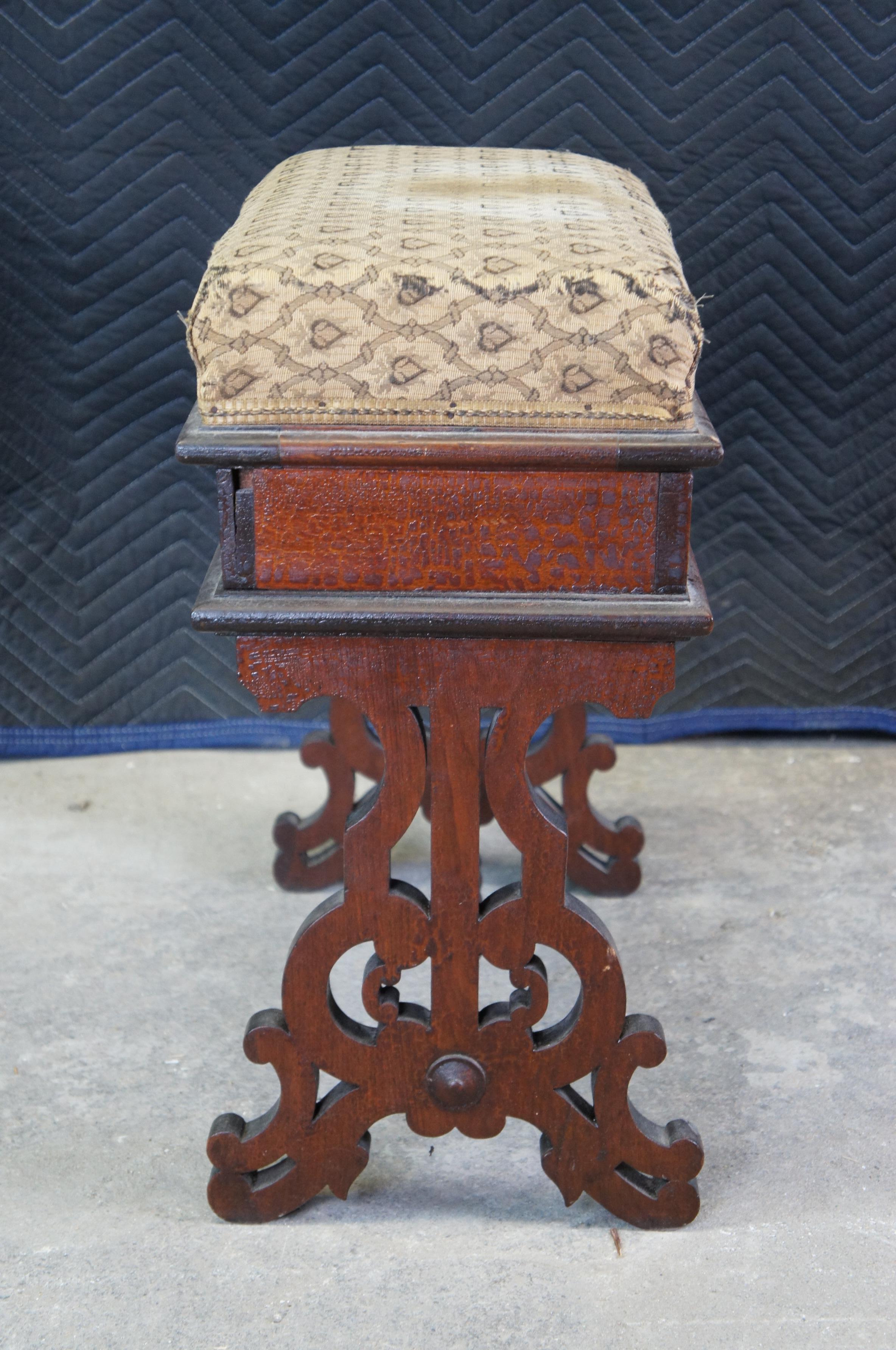 19th Century Antique Victorian Walnut Flip Top Piano Stool Storage Bench Seat Carved Fretwork