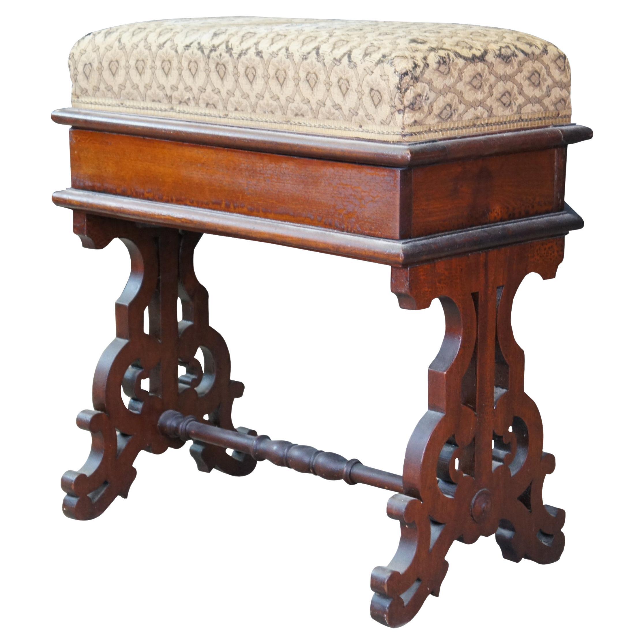 Antique Victorian Walnut Flip Top Piano Stool Storage Bench Seat Carved Fretwork