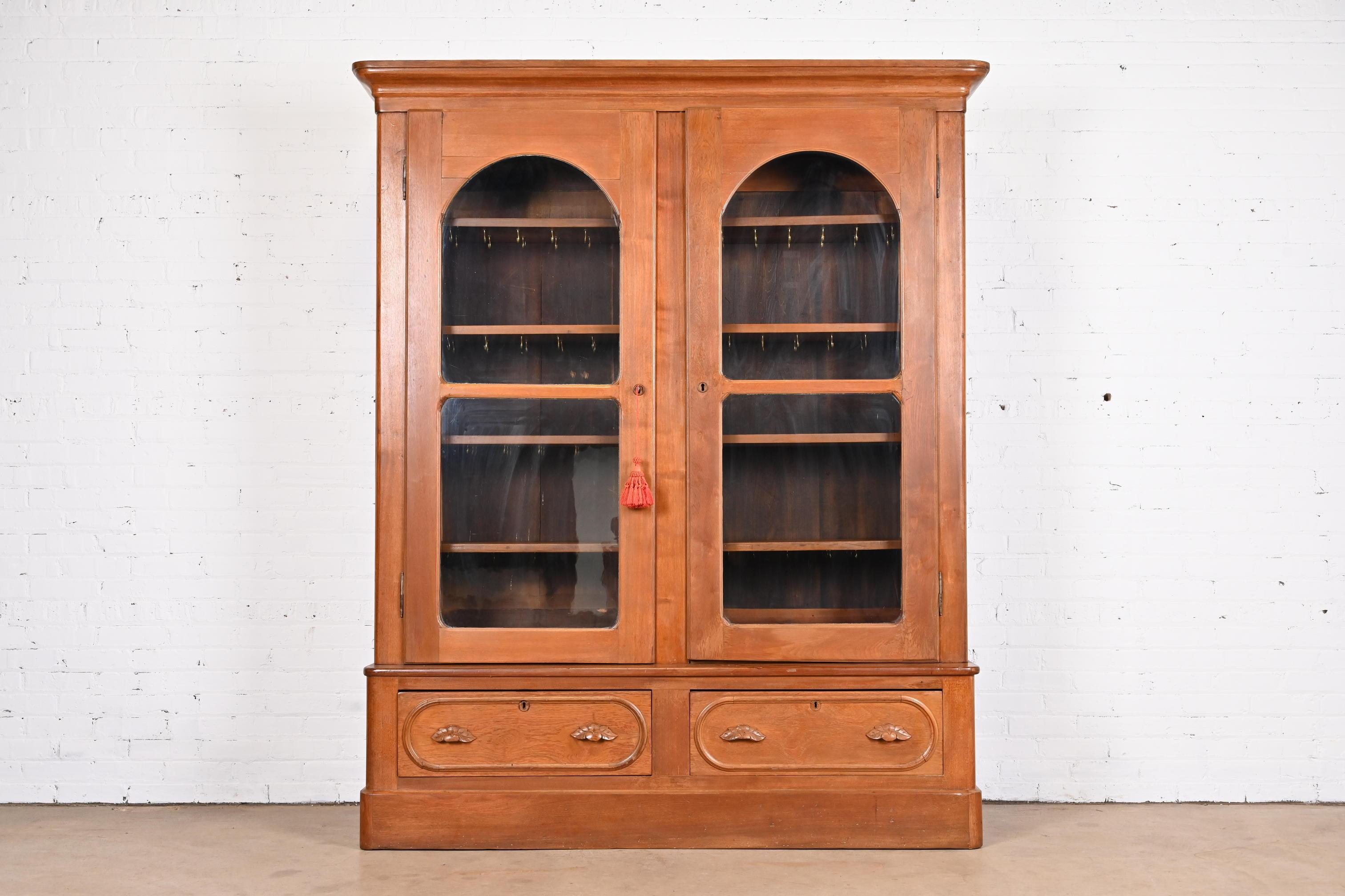 American Antique Victorian Walnut Glass Front Bookcase Cabinet, Circa 1880s