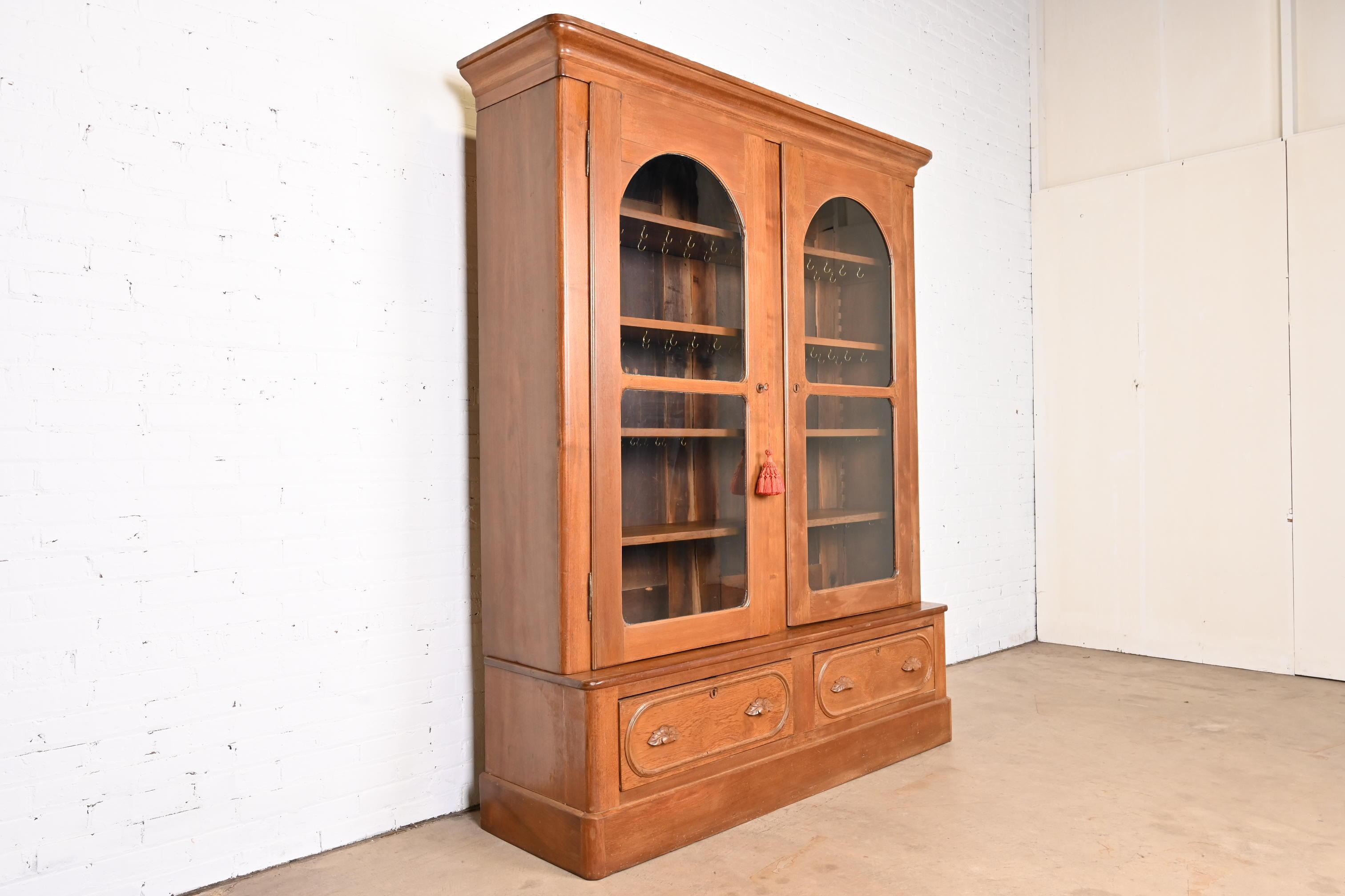 20th Century Antique Victorian Walnut Glass Front Bookcase Cabinet, Circa 1880s