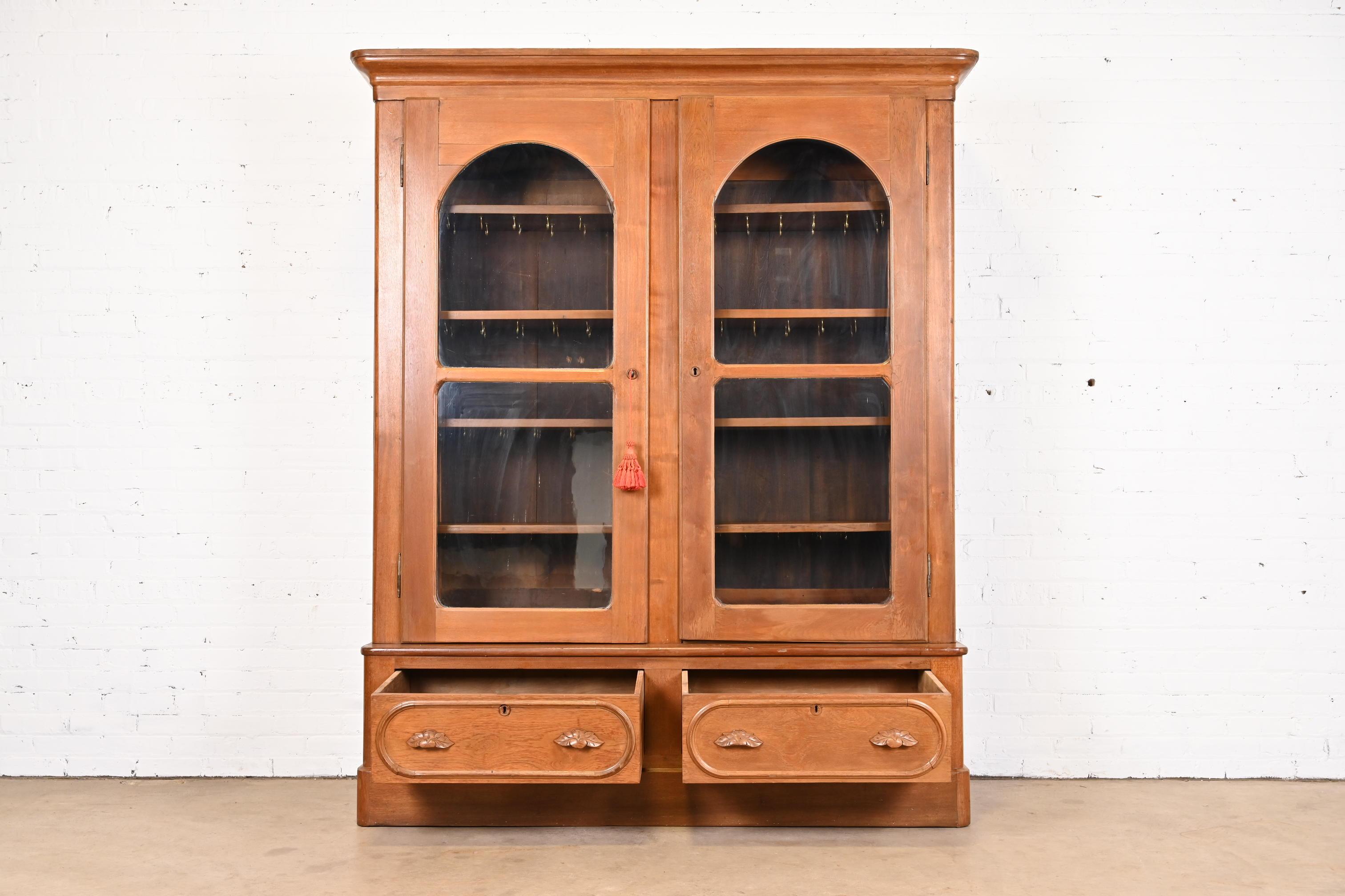 Antique Victorian Walnut Glass Front Bookcase Cabinet, Circa 1880s 1