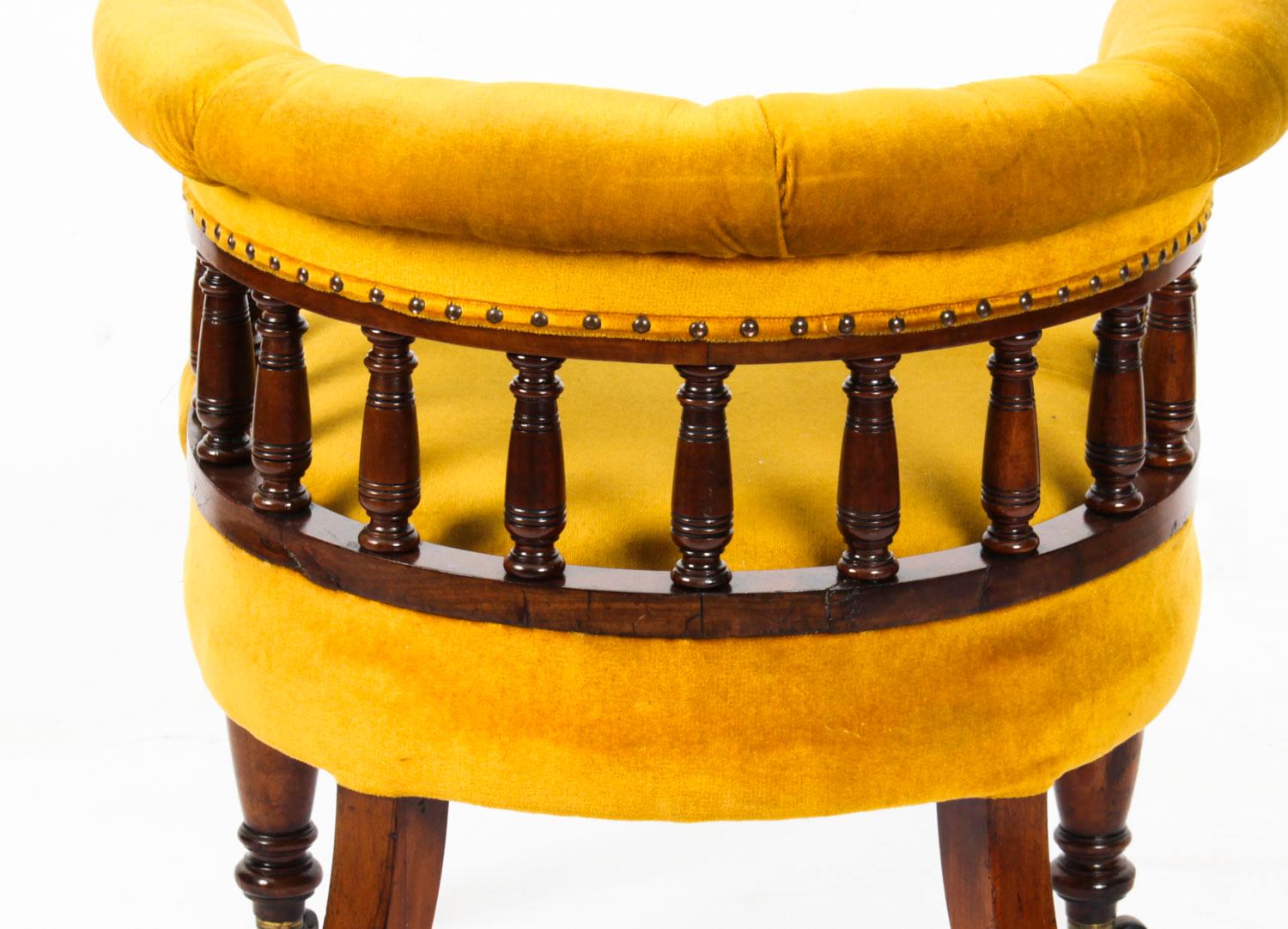 Antique Victorian Walnut Gold Velvet Desk Chair Tub Chair, 19th Century 4