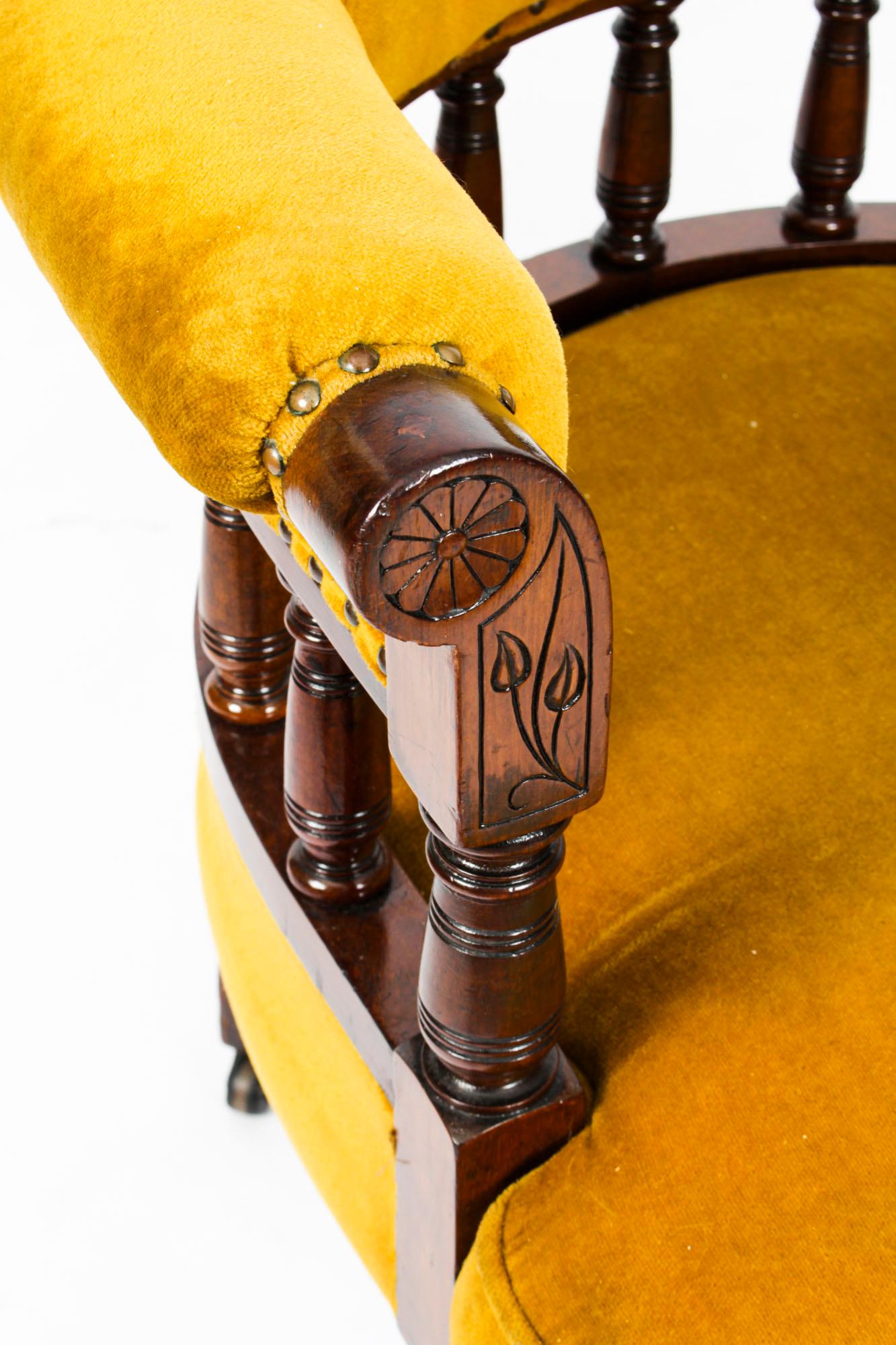 Antique Victorian Walnut Gold Velvet Desk Chair Tub Chair, 19th Century 9