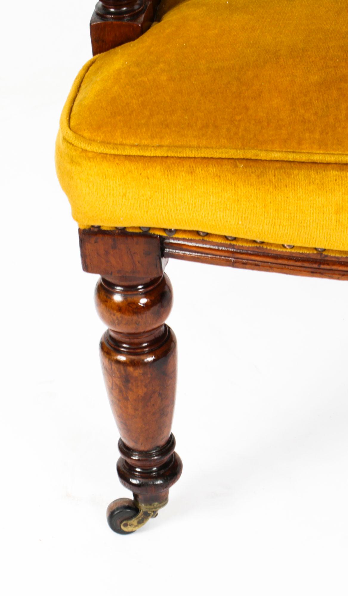 Antique Victorian Walnut Gold Velvet Desk Chair Tub Chair, 19th Century 11