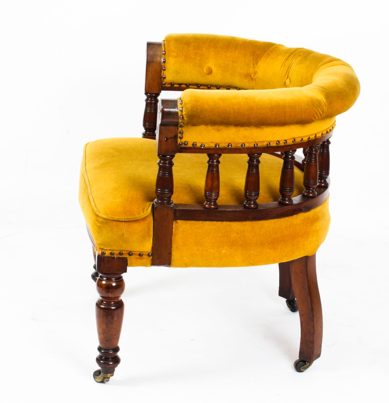 Antique Victorian Walnut Gold Velvet Desk Chair Tub Chair, 19th Century 12