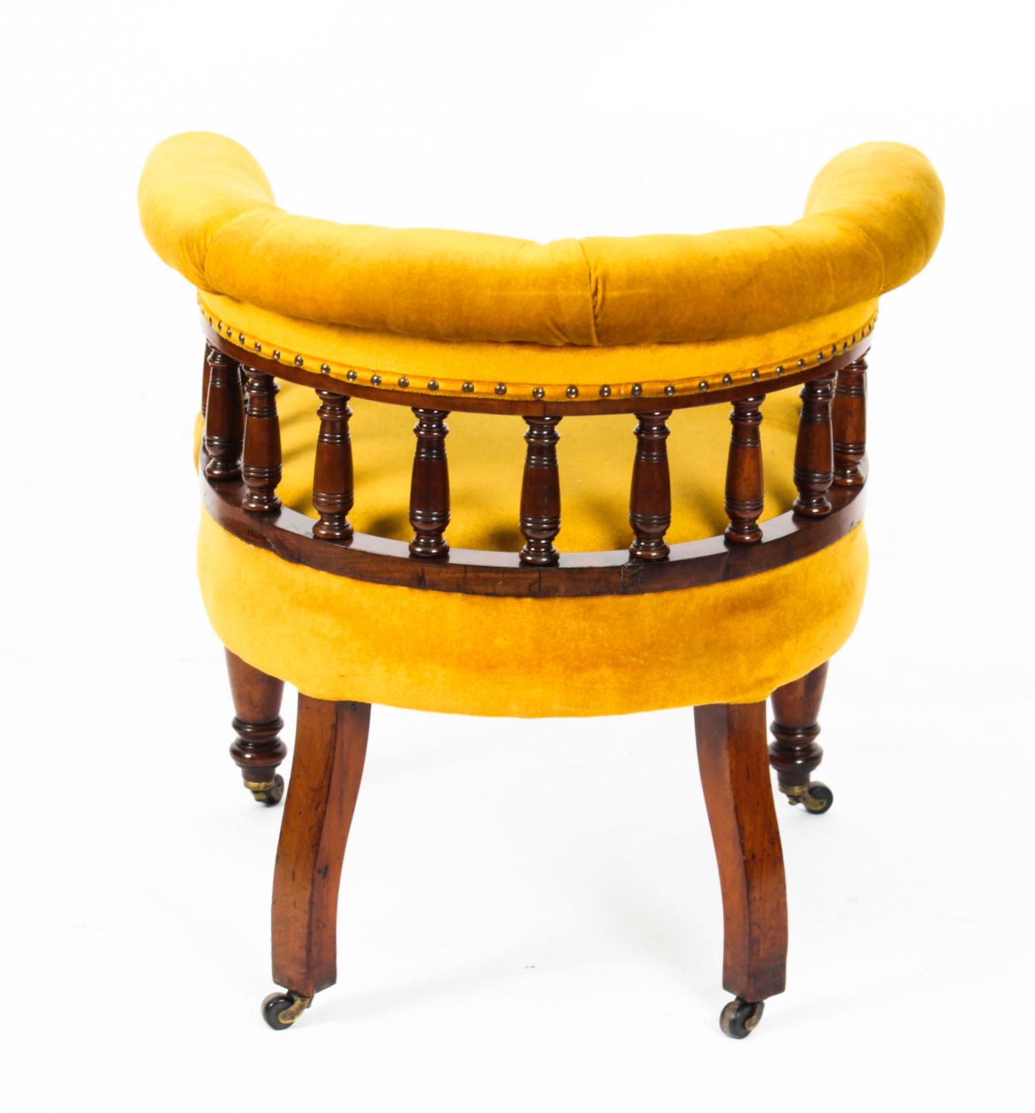 Antique Victorian Walnut Gold Velvet Desk Chair Tub Chair, 19th Century 14