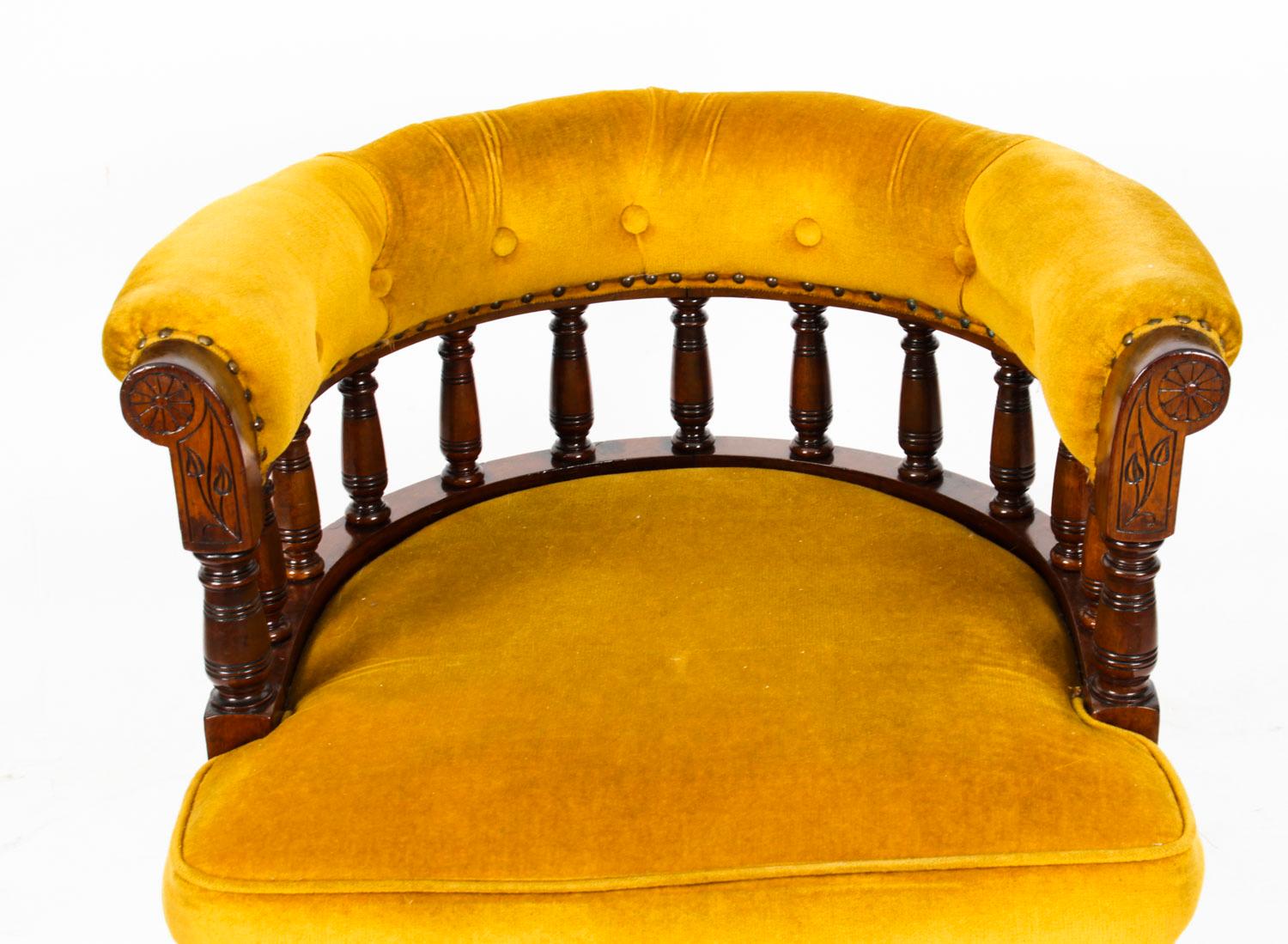 English Antique Victorian Walnut Gold Velvet Desk Chair Tub Chair, 19th Century