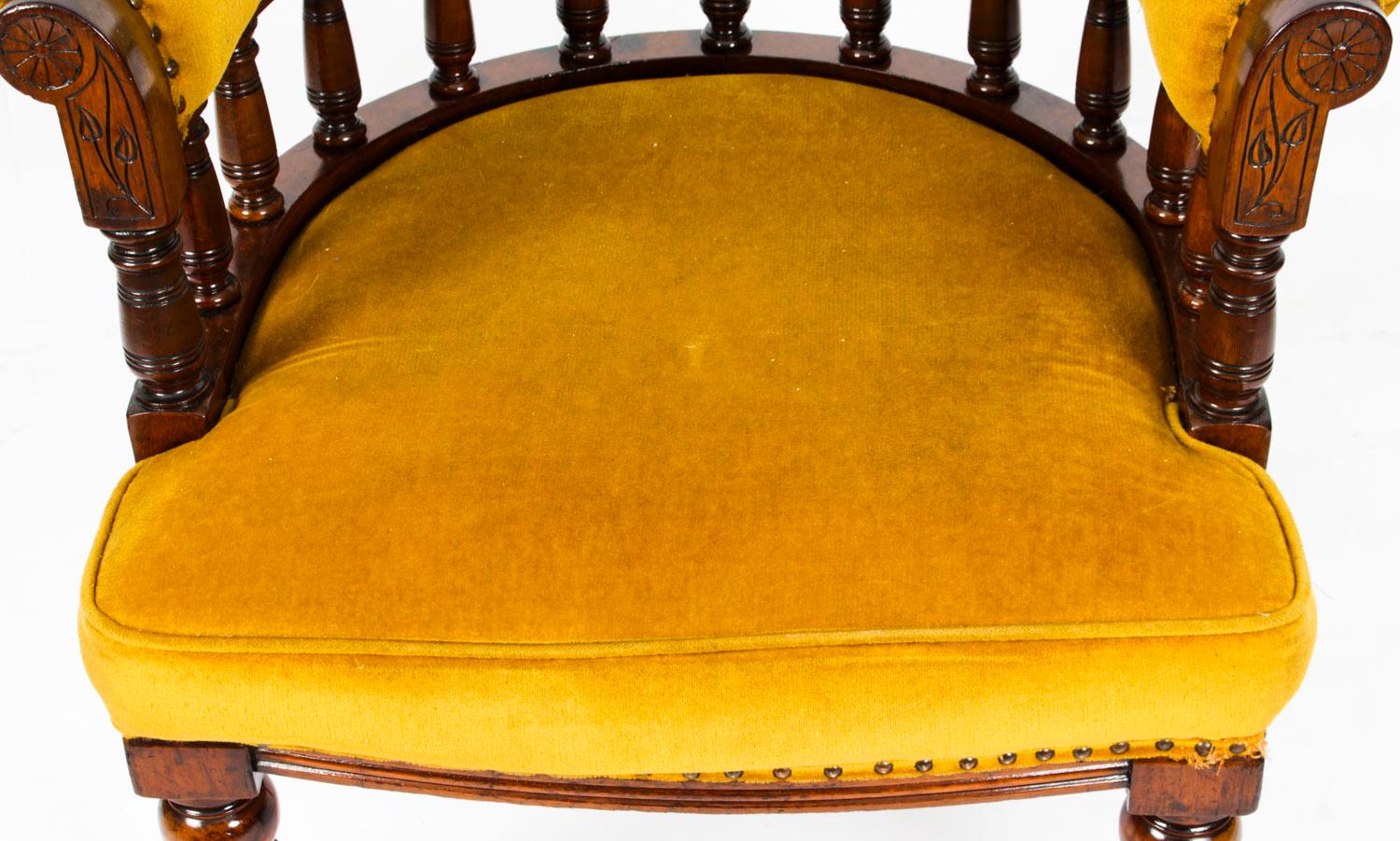 Antique Victorian Walnut Gold Velvet Desk Chair Tub Chair, 19th Century In Good Condition In London, GB