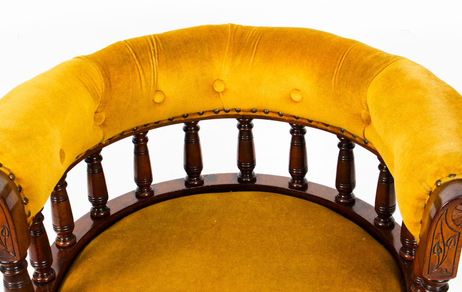 Late 19th Century Antique Victorian Walnut Gold Velvet Desk Chair Tub Chair, 19th Century