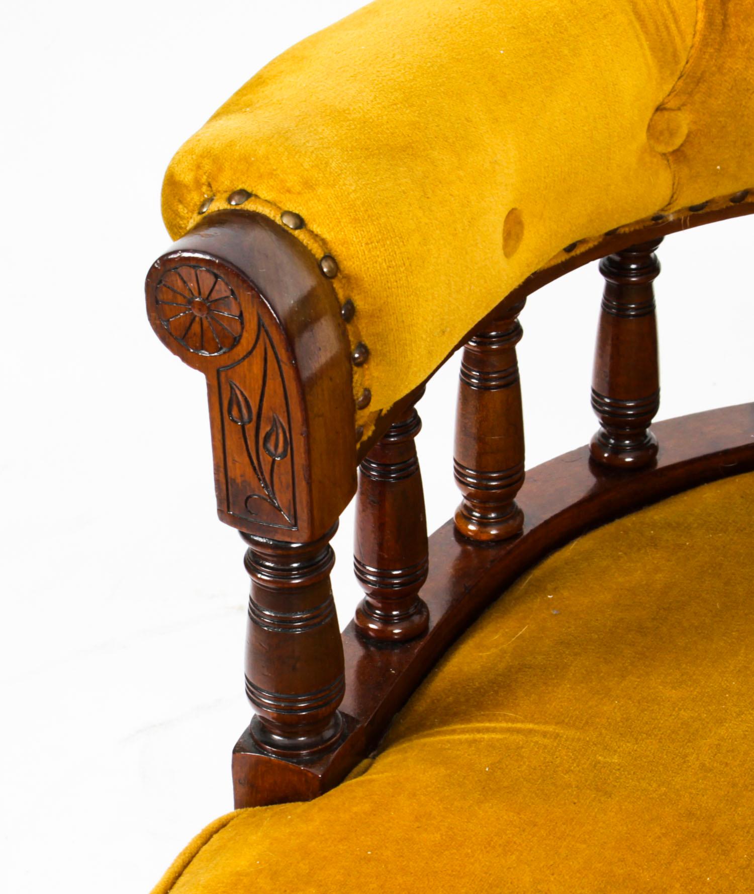 Antique Victorian Walnut Gold Velvet Desk Chair Tub Chair, 19th Century 2