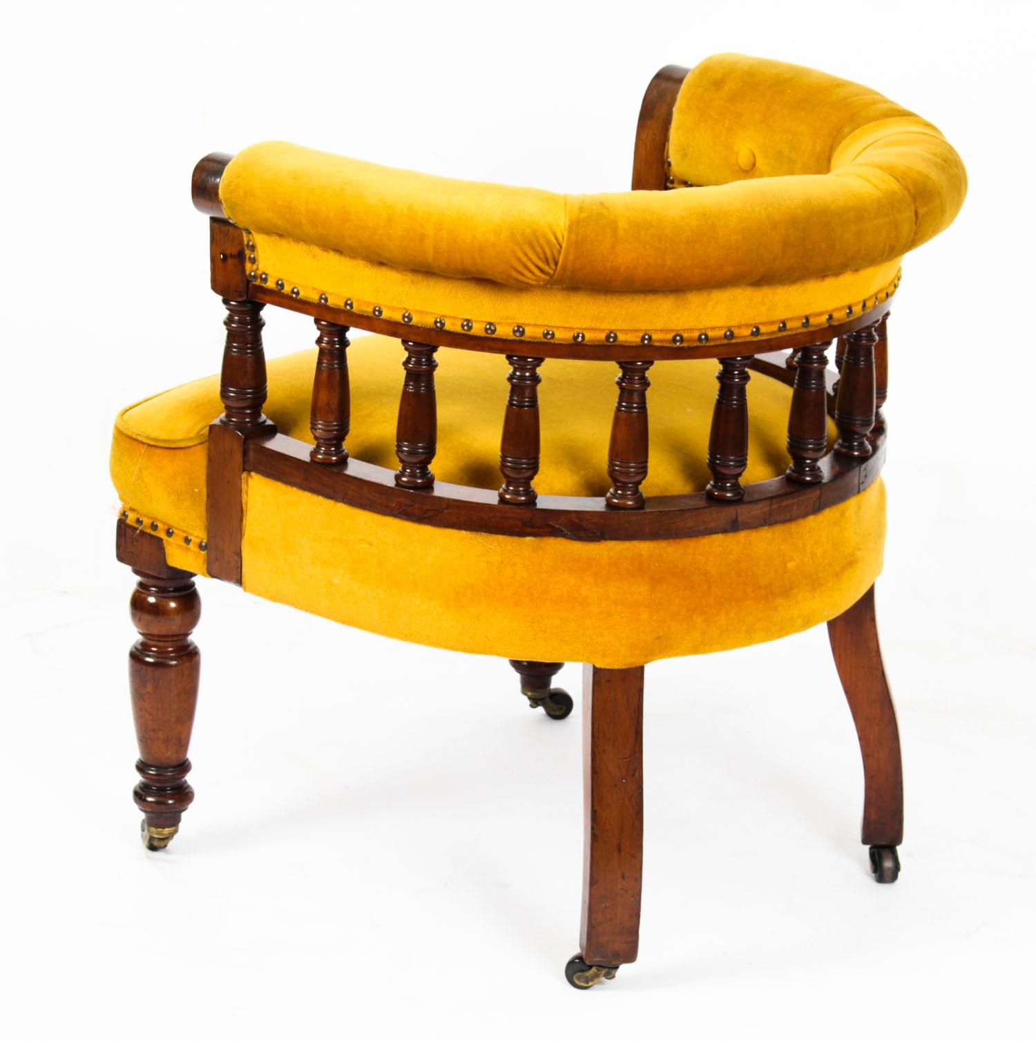 Antique Victorian Walnut Gold Velvet Desk Chair Tub Chair, 19th Century 3