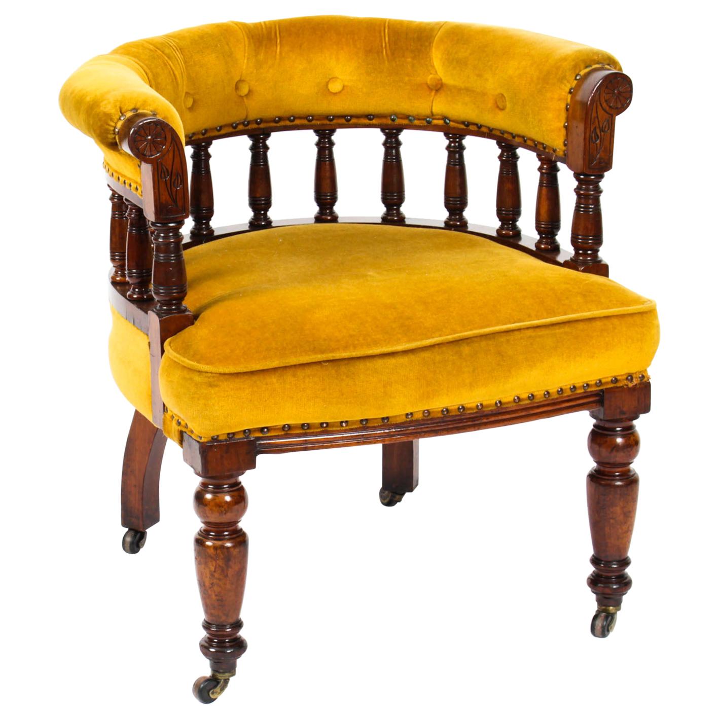 Antique Victorian Walnut Gold Velvet Desk Chair Tub Chair, 19th Century