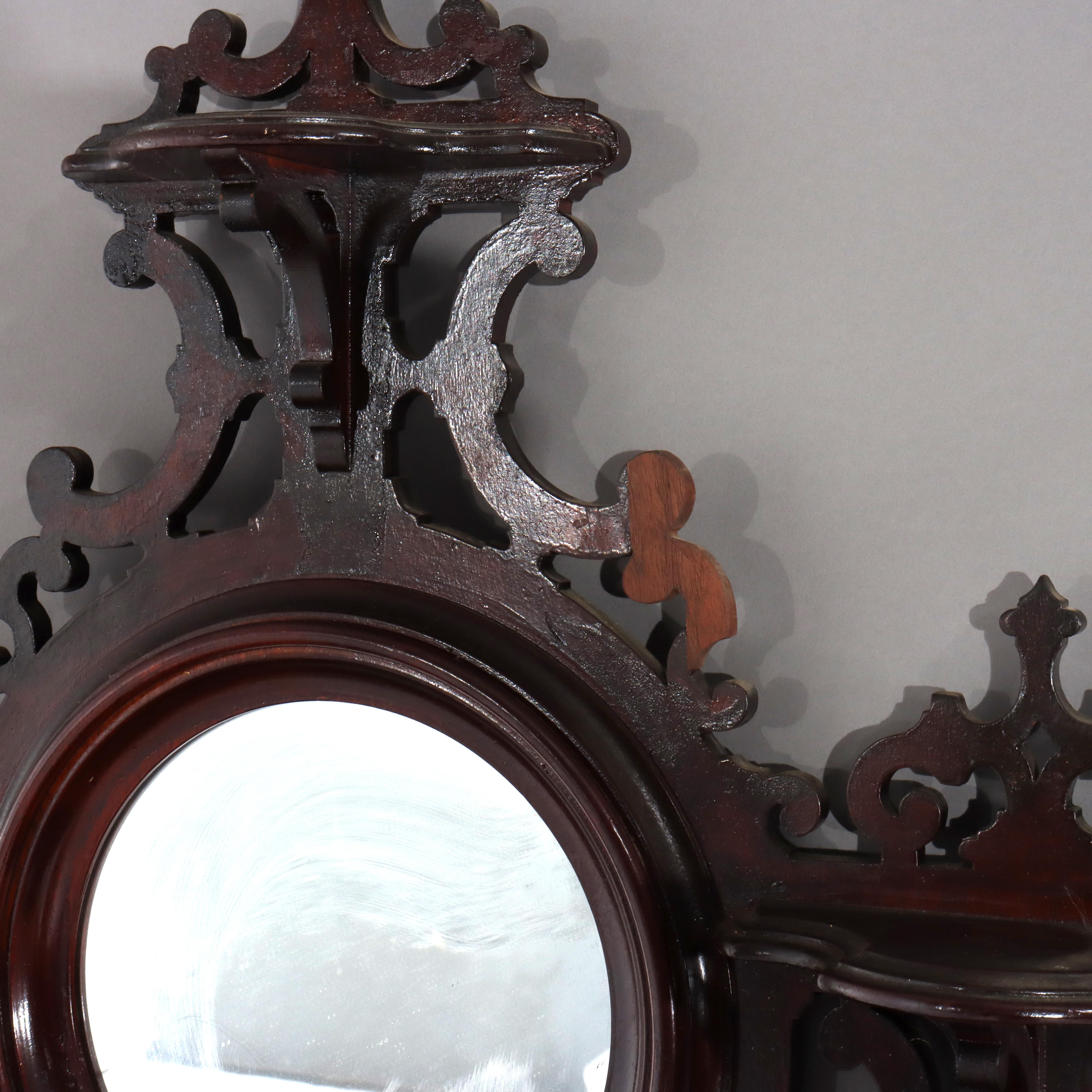 Antique Victorian Walnut Hanging Hall Mirror With Four Shelves c1890 In Good Condition For Sale In Big Flats, NY