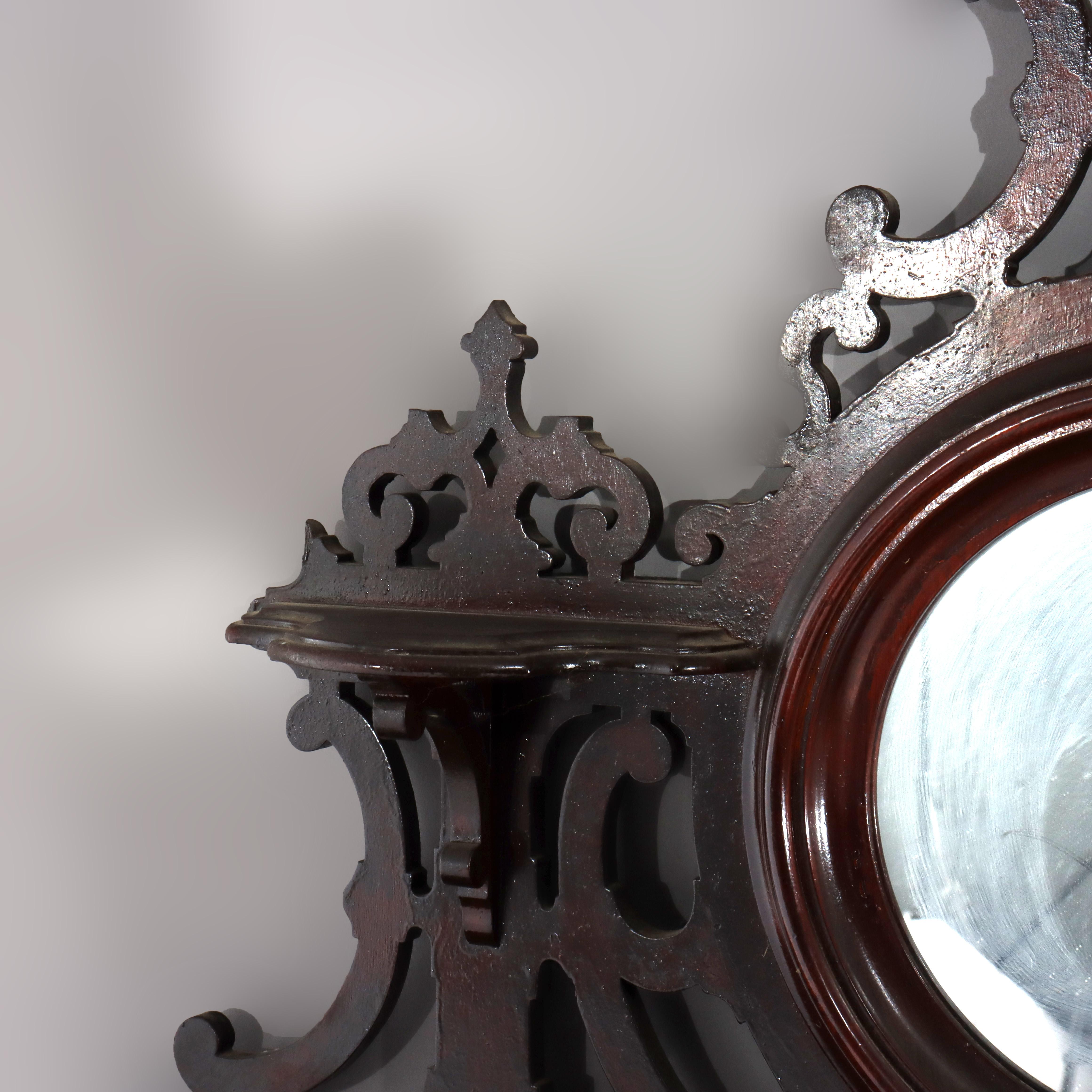 19th Century Antique Victorian Walnut Hanging Hall Mirror With Four Shelves c1890 For Sale