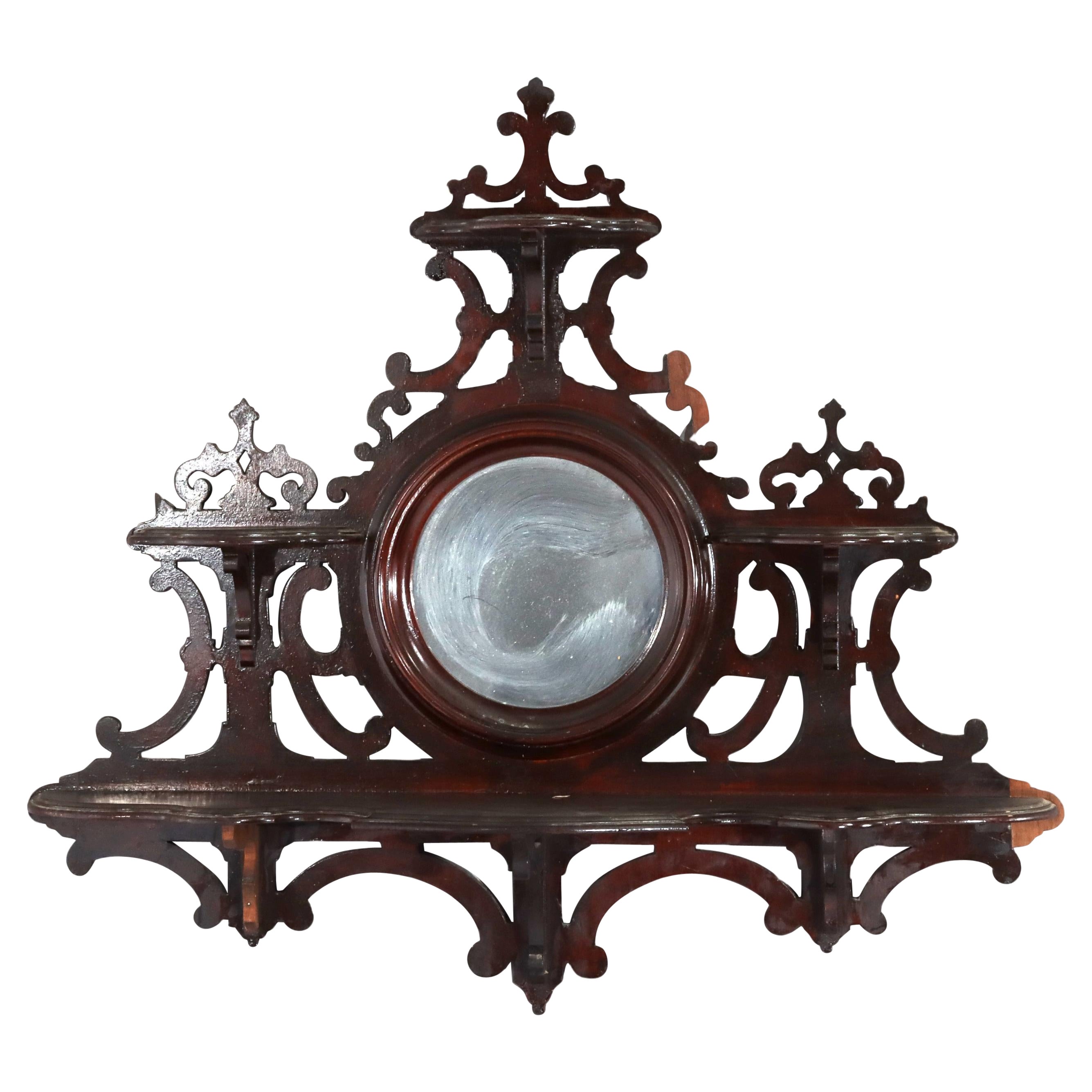 Antique Victorian Walnut Hanging Hall Mirror With Four Shelves c1890 For Sale