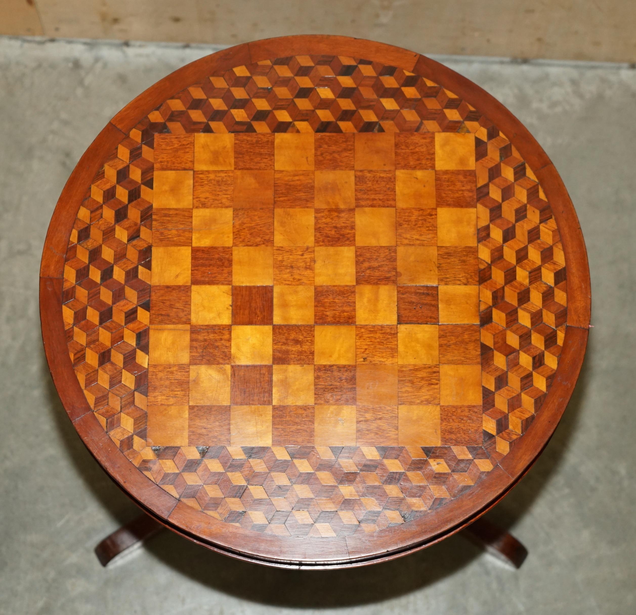 Victorian ANTIQUE ViCTORIAN WALNUT & HARDWOOD PARQUETRY INLAID TiLT TOP CHESS GAMES TABLE For Sale