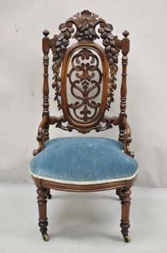 Antique Victorian Walnut Harvest Fruit Carved Slipper Chair attr. J & J W Meeks
