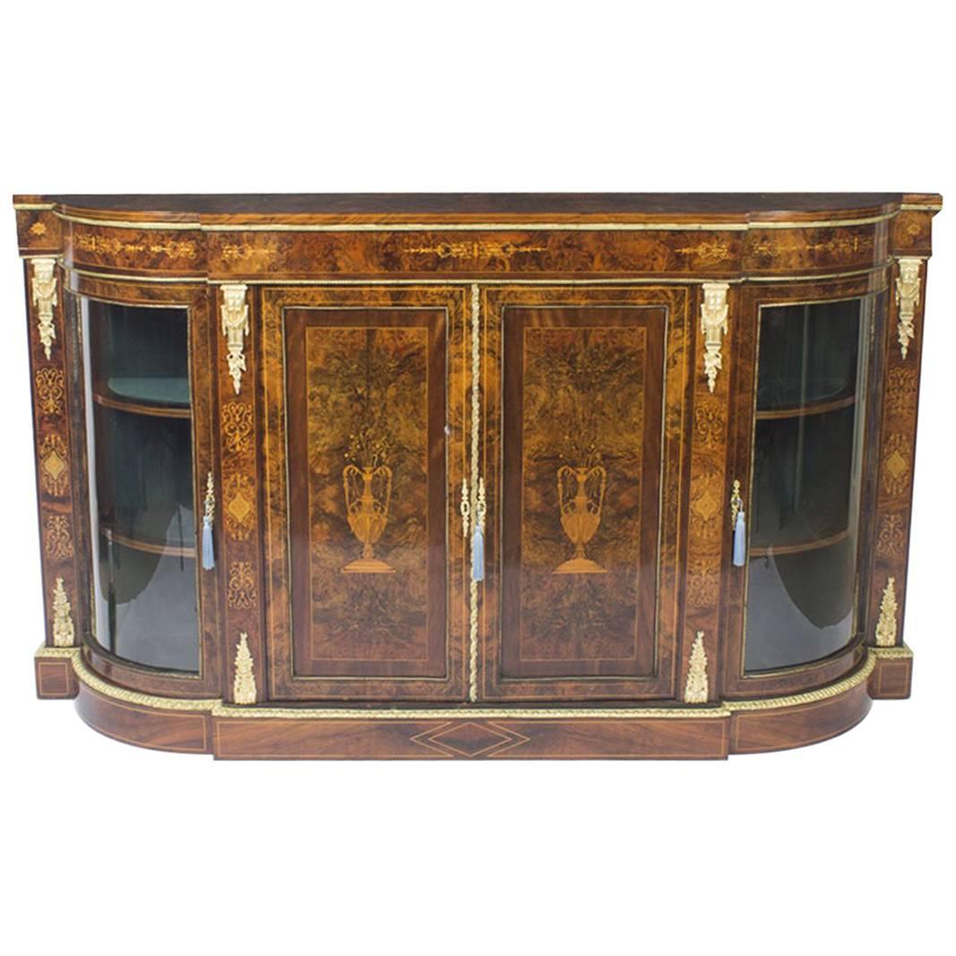 Antique Victorian Walnut Inlaid Four-Door Credenza, 19th Century