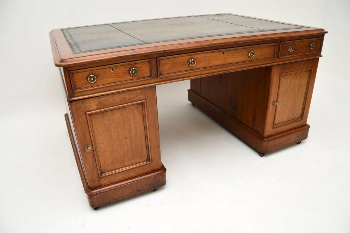 Antique Victorian Walnut Leather Top Partners Desk 4