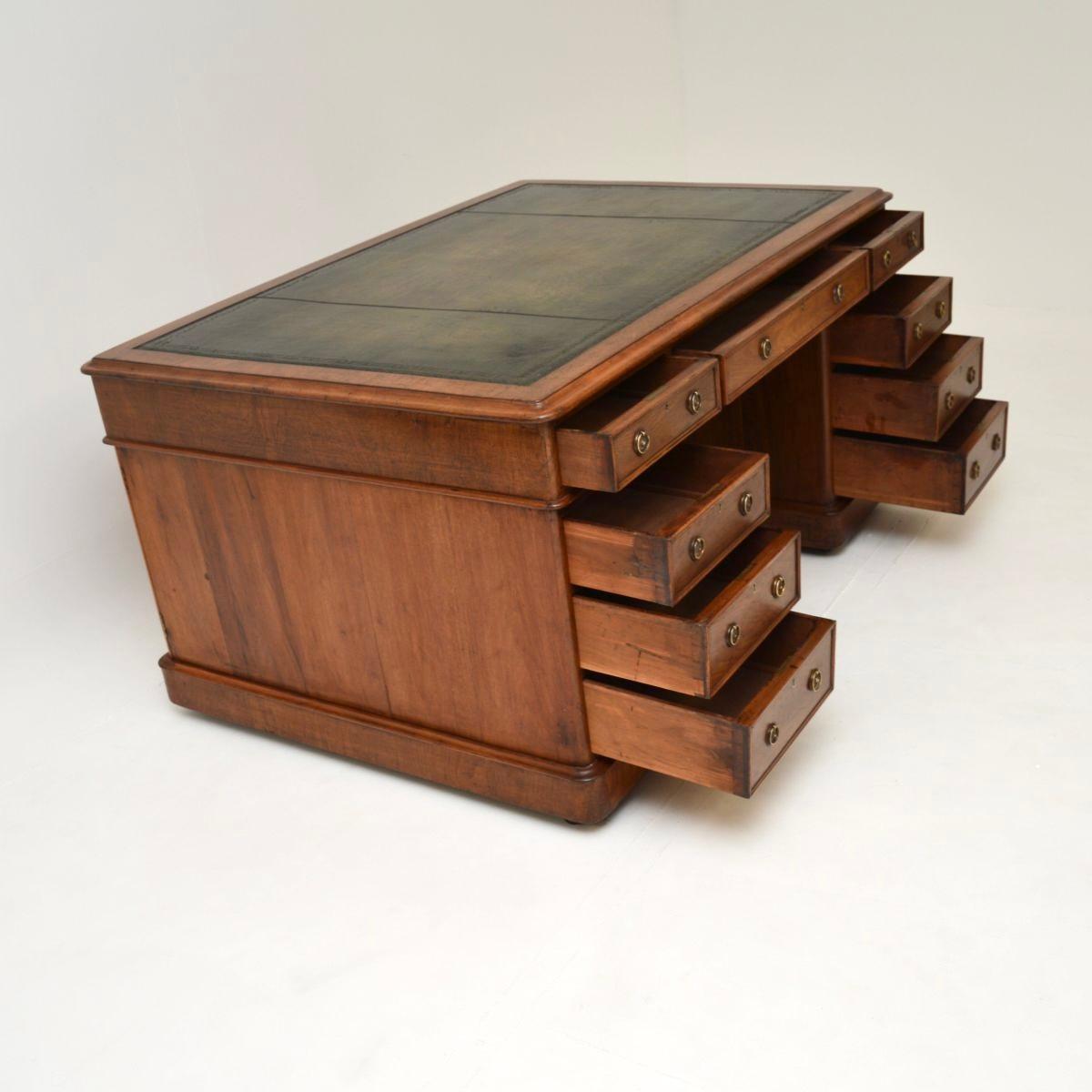 British Antique Victorian Walnut Leather Top Partners Desk