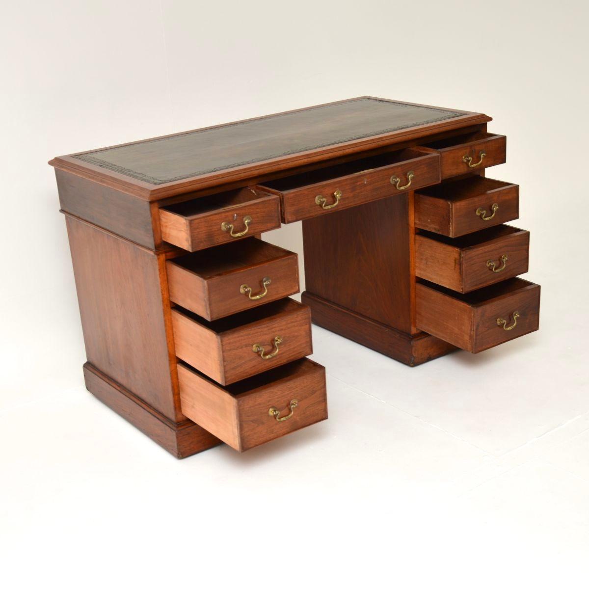 British Antique Victorian Walnut Leather Top Pedestal Desk For Sale