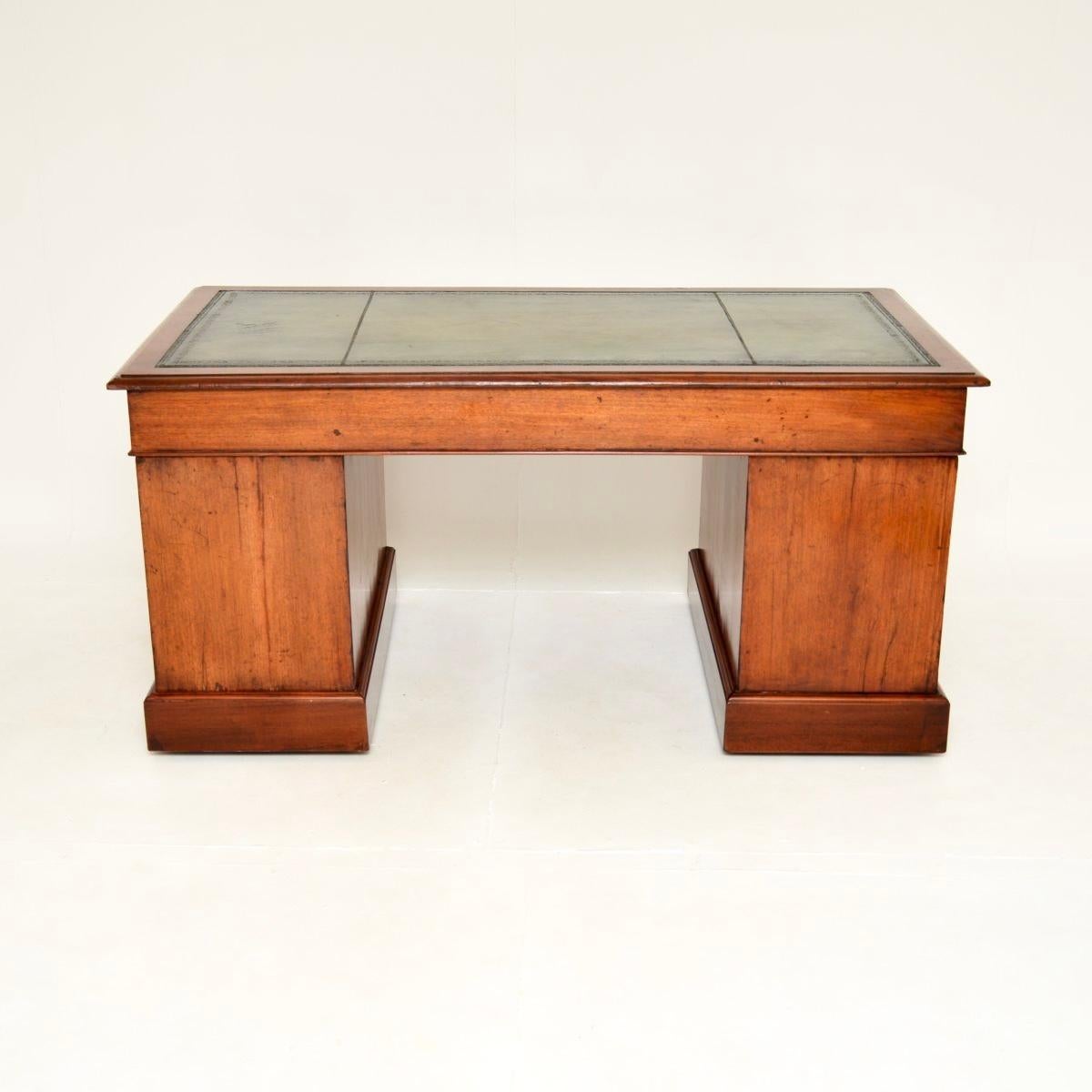 Mid-19th Century Antique Victorian Walnut Leather Top Pedestal Desk For Sale